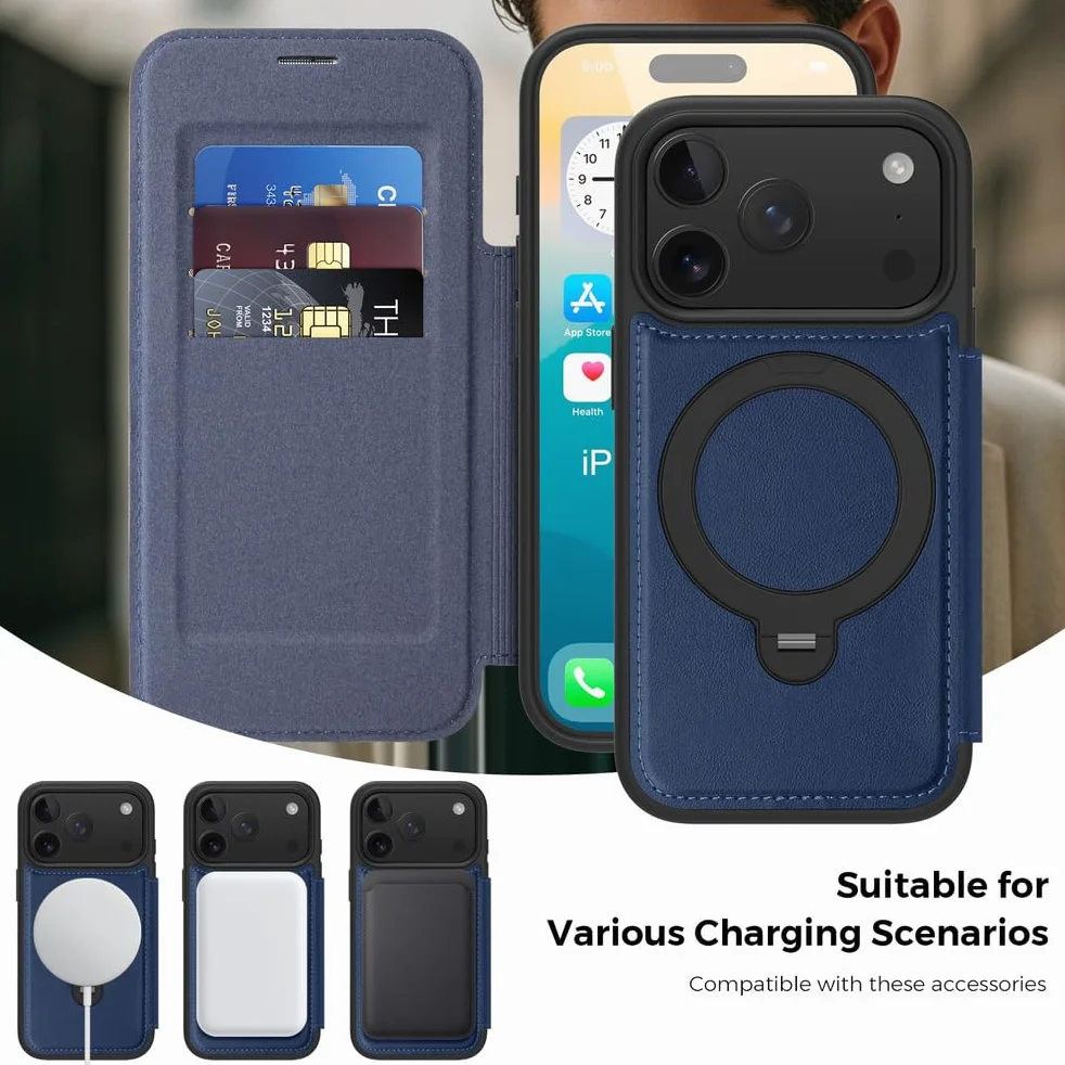 Skórzane etui na iPhone 17 Pro Max/17 Pro/Air/17, Biznesowe Klapki na Karty Etui na Telefon Komórkowy z Magnetycznym Uchwytem Pierścieniowym Obudowa, Szary, 17