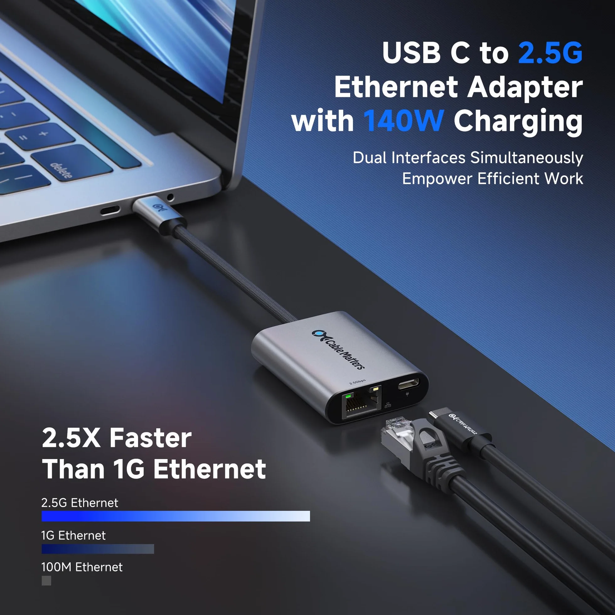 Cable Matters Adapter USB-C do Ethernet 2,5 Gb z Ładowaniem 140 W | 2,5 Gigabit Ethernet, zgodny z USB4, Thunderbolt 5/4, MacBook i urządzeniami USB-C