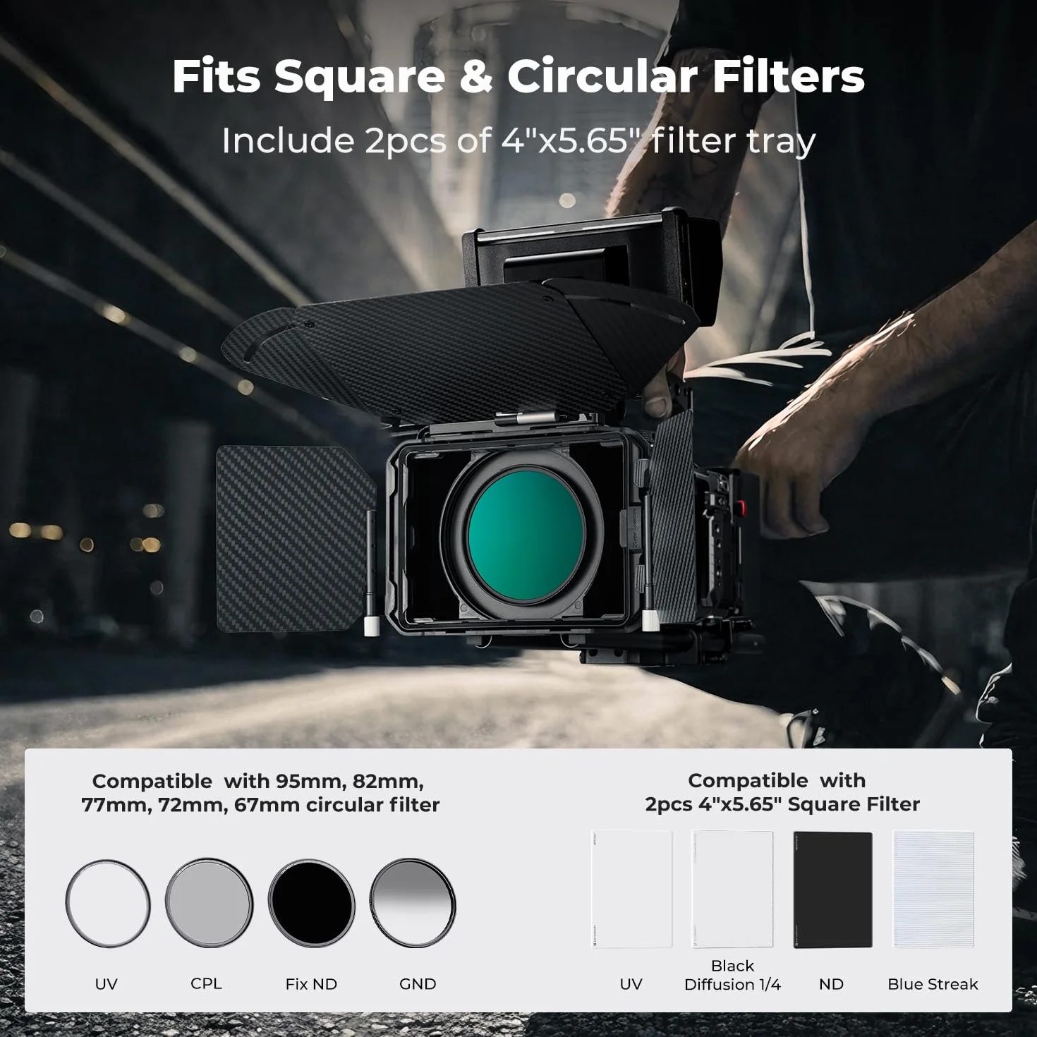 K&F CONCEPT Nano-X Pro Mini Matte Box z boczną klapką z włókna węglowego na górze, z kwadratowymi miseczkami filtrującymi 10,2 x 14,6 cm i pierścieniami adaptera obiektywu 67/72/77/82/95 mm do