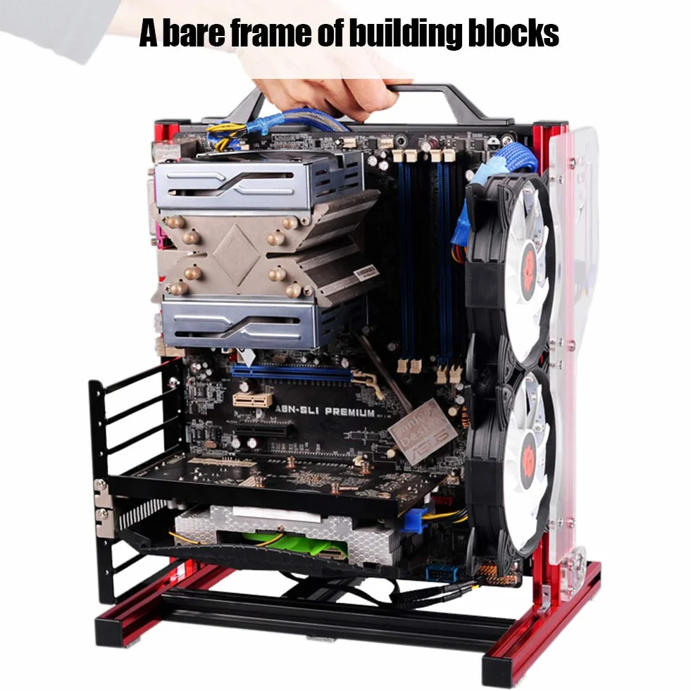 Kafuty PC obudowa na komputer ATX/M-ATX/ITX otwarta podwozie pionowa otwarta aluminiowa rama stojak podwoziowy z uchwytem dobre rozpraszanie ciepła (czerwony)