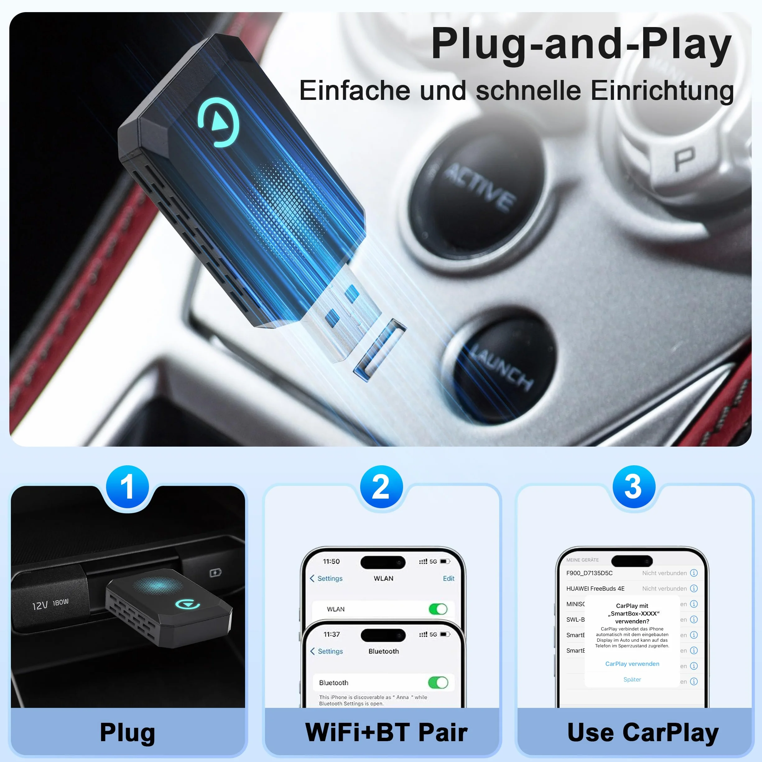 Bezprzewodowy adapter CarPlay UK do iPhone'a, konwertuj przewodowy na bezprzewodowy CarPlay, Plug and Play, odpowiedni do samochodów po 2016 roku, kompatybilny z iPhone iOS 10+