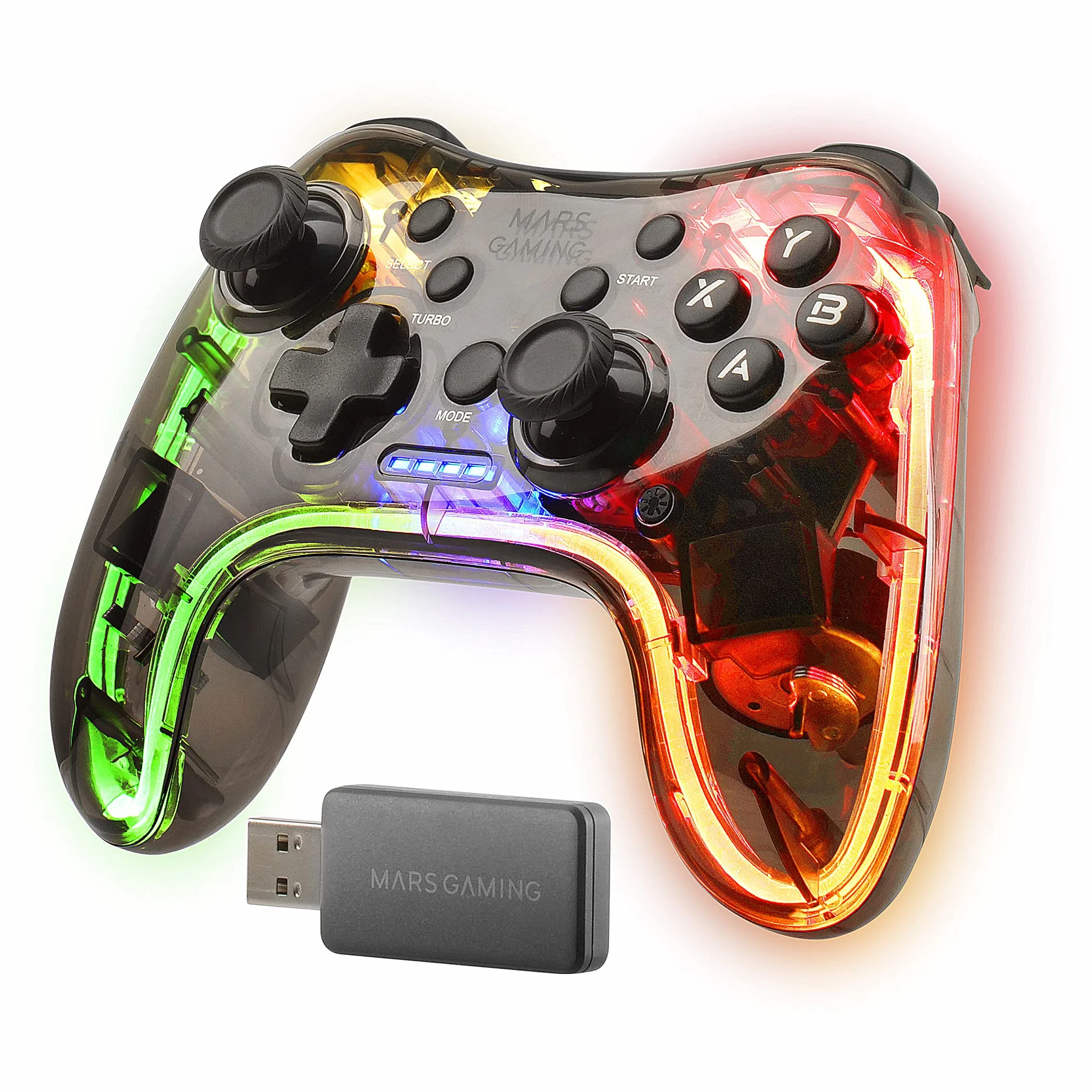 Mars Gaming MGP-24, Bezprzewodowy Gamepad 2.4GPRO, Neon RGB, Dual Wibracje Haptyczne, Joysticki Analogowe, Kontroler do PC, PS3, PS4, X360, Raspberry Pi, Mac, Android
