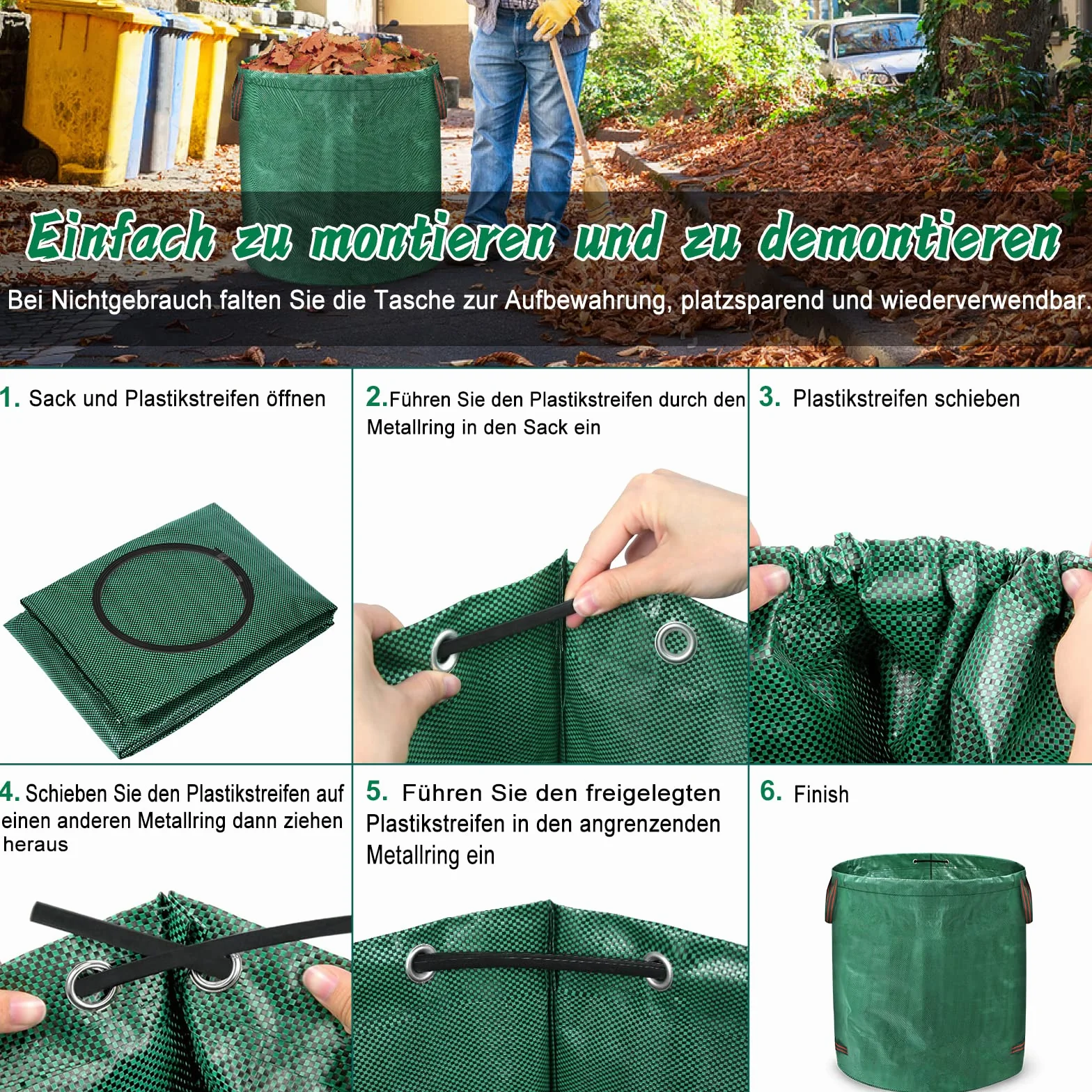 Froadp 272L Składane Worki na Odpady Zielone Ogrodowe 150g/m² PP Przenośny Worek na Liście z Uchwytami Duży Worek na Trawę Ogrodowy na Liście z Trawy Zielone Pojemnik na Odpady ogrodowe (6 szt)