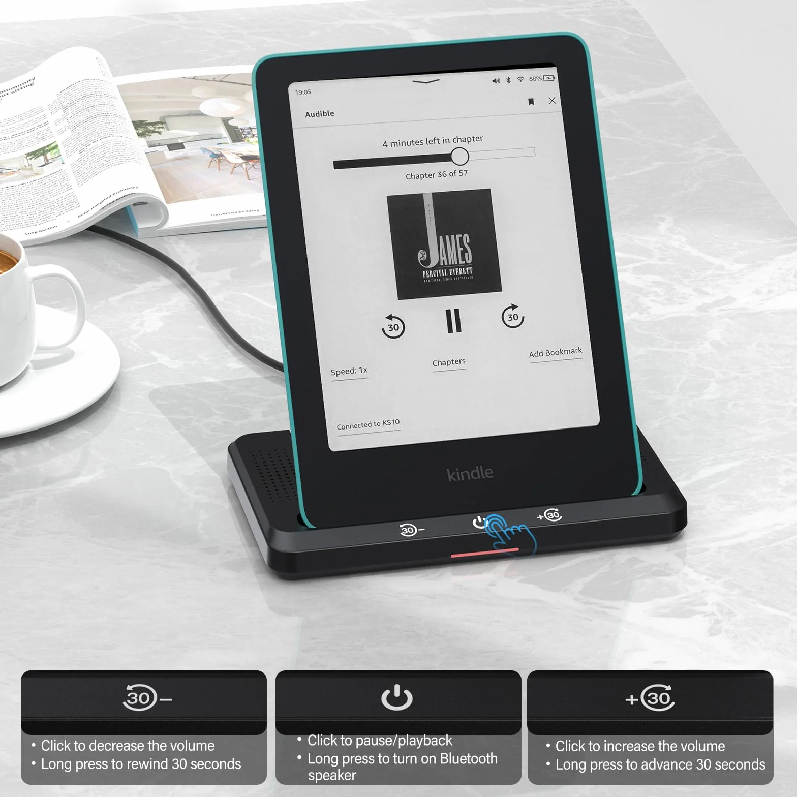Bezprzewodowa stacja ładująca z głośnikiem do Audiobooka, bezprzewodowa ładowarka kompatybilna z Kindle Paperwhite Signature Editions (wersje z 2022 i 2024 r.) i Kindle Colorsoft Signature Edition