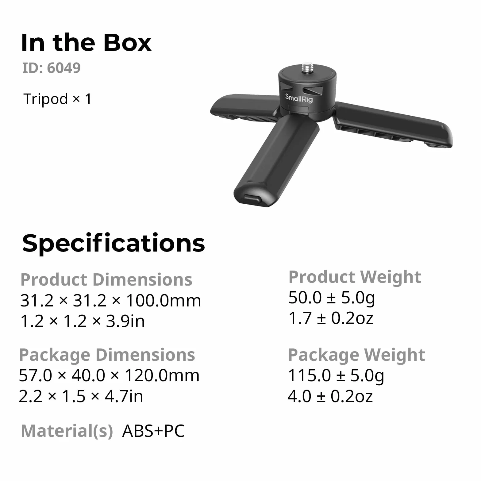 SMALLRIG Statyw Kamery do DJI Osmo Pocket 4 / Pocket 3 / Action 6/5 Pro, do Kamer Sportowych, śruba 1/4"-20, Udźwig 500 g / 17,6 Uncji, Waga 50 g / 1,76 Uncji, Kompaktowy, 10 cm / 3,9'' - 6049