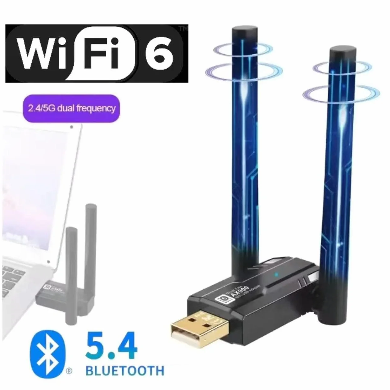 Bezprzewodowy adapter USB WiFi 6 z Bluetooth 5.4 do komputera 900 Mbps podwójna antena 5G/2.4G adapter WiFi do komputera stacjonarnego Windows 11/10/8/7/Vista/XP adapter sieciowy
