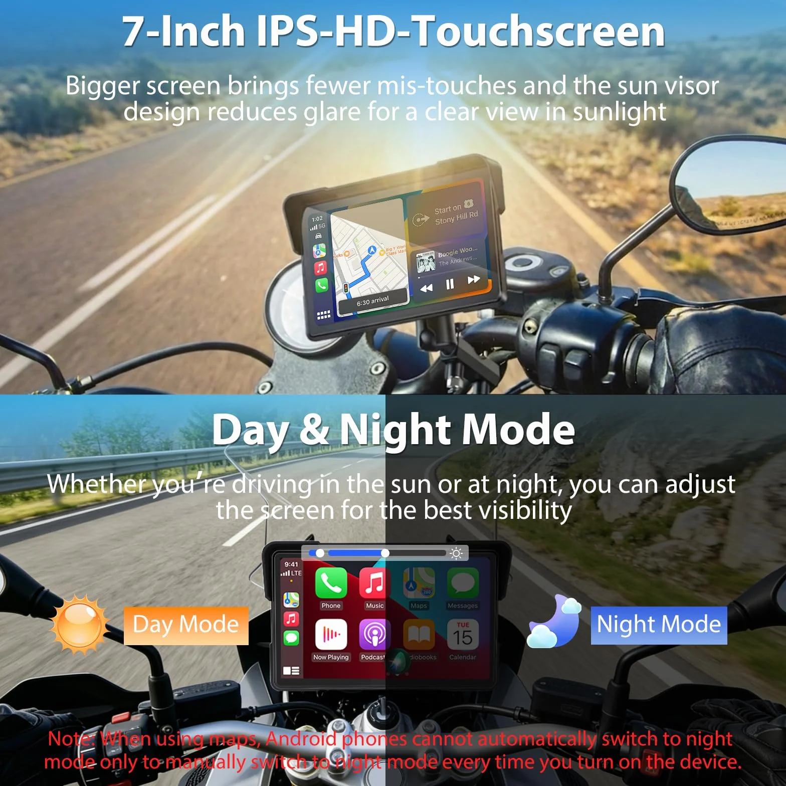 CarPlay 7-calowy wyświetlacz motocyklowy, bezprzewodowy, nawigacja z systemem Android, z kablem zasilającym USB, czujnik ciśnienia w oponach, wodoszczelność IP67, nawigacja motocyklowa, podwójny