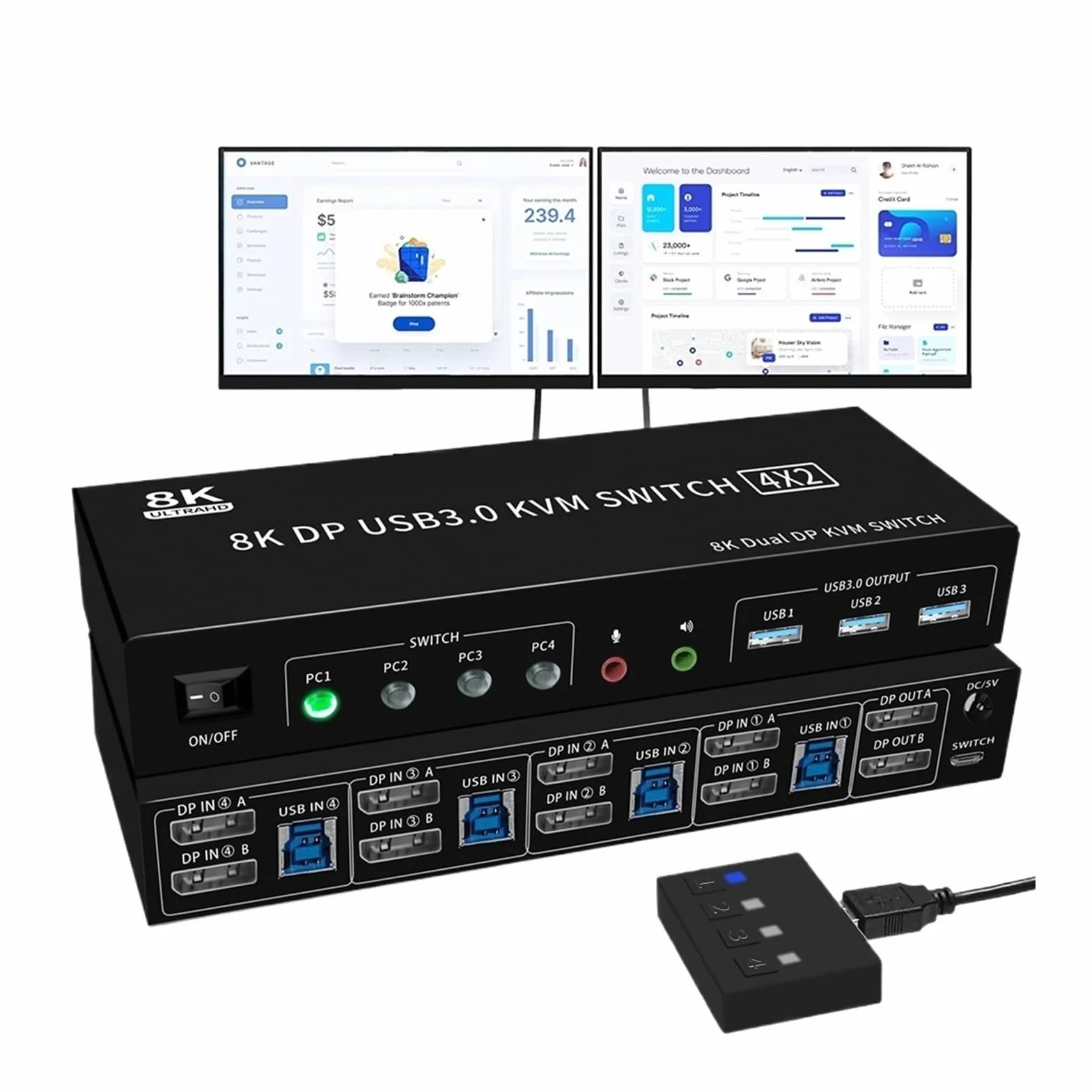 Konwerter Cyfrowy, Przełącznik 8K DP KVM USB 3.0 4X2 podwójny monitor 4K 144 Hz rozszerzony wyświetlacz przełącznik Displayport 4 wejścia 2 wyjścia na komputery udostępnij klawiaturę i mysz