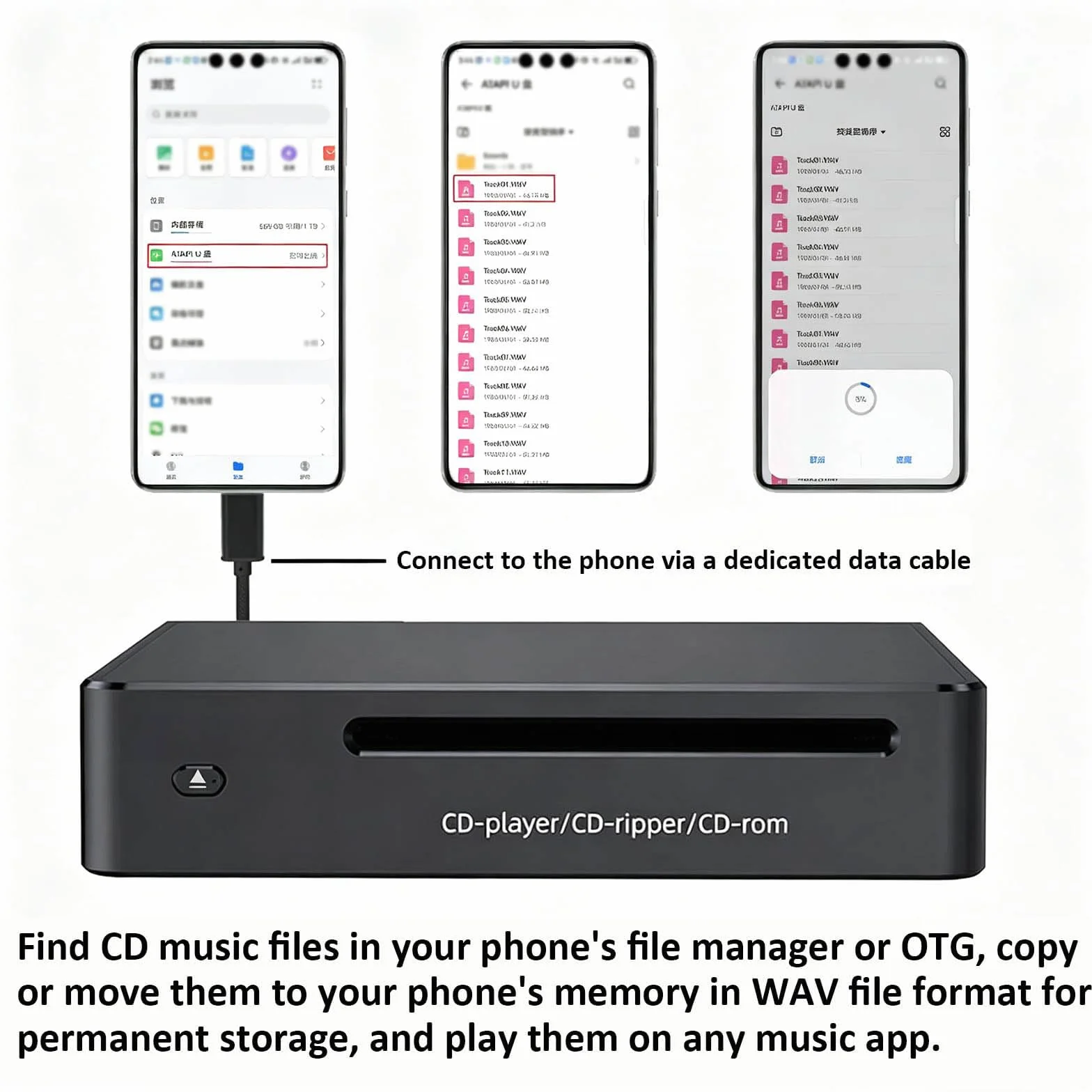 Przenośny odtwarzacz do zgrywania płyt CD, Automatyczny Digitizer Audio CD do bezstratnych plików Wav, z napędem flash USB do kolekcji muzyki domowej i tworzenia kopii zapasowych audio