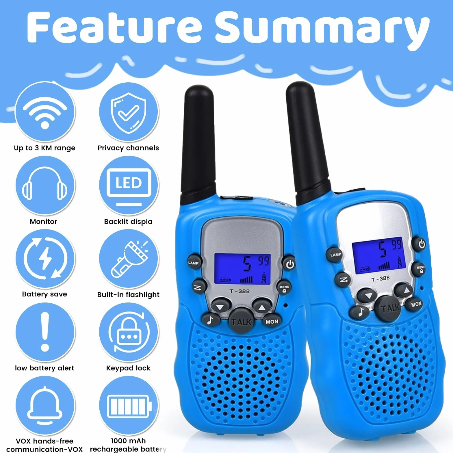 Zestaw Walkie Talkie T-388 PMR 446 dla dzieci 8 kanałów 3 km z akumulatorami żółty