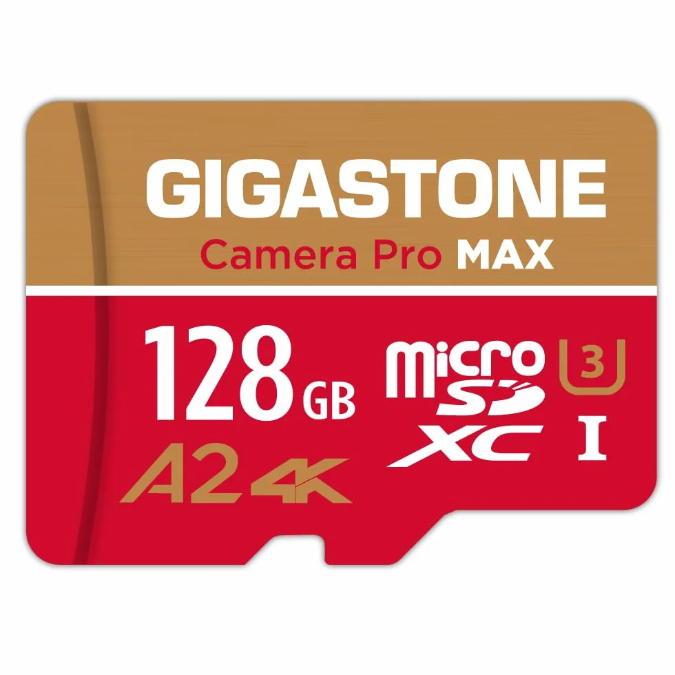 GIGASTONE 128 GB karta micro SD Camera Pro MAX, do 120/80 MB/s, karta pamięci MicroSDXC do DJI, Gopro, Insta360, Dashcam, wideo 4K UHS-I A2 V30 U3 C10 z adapterem