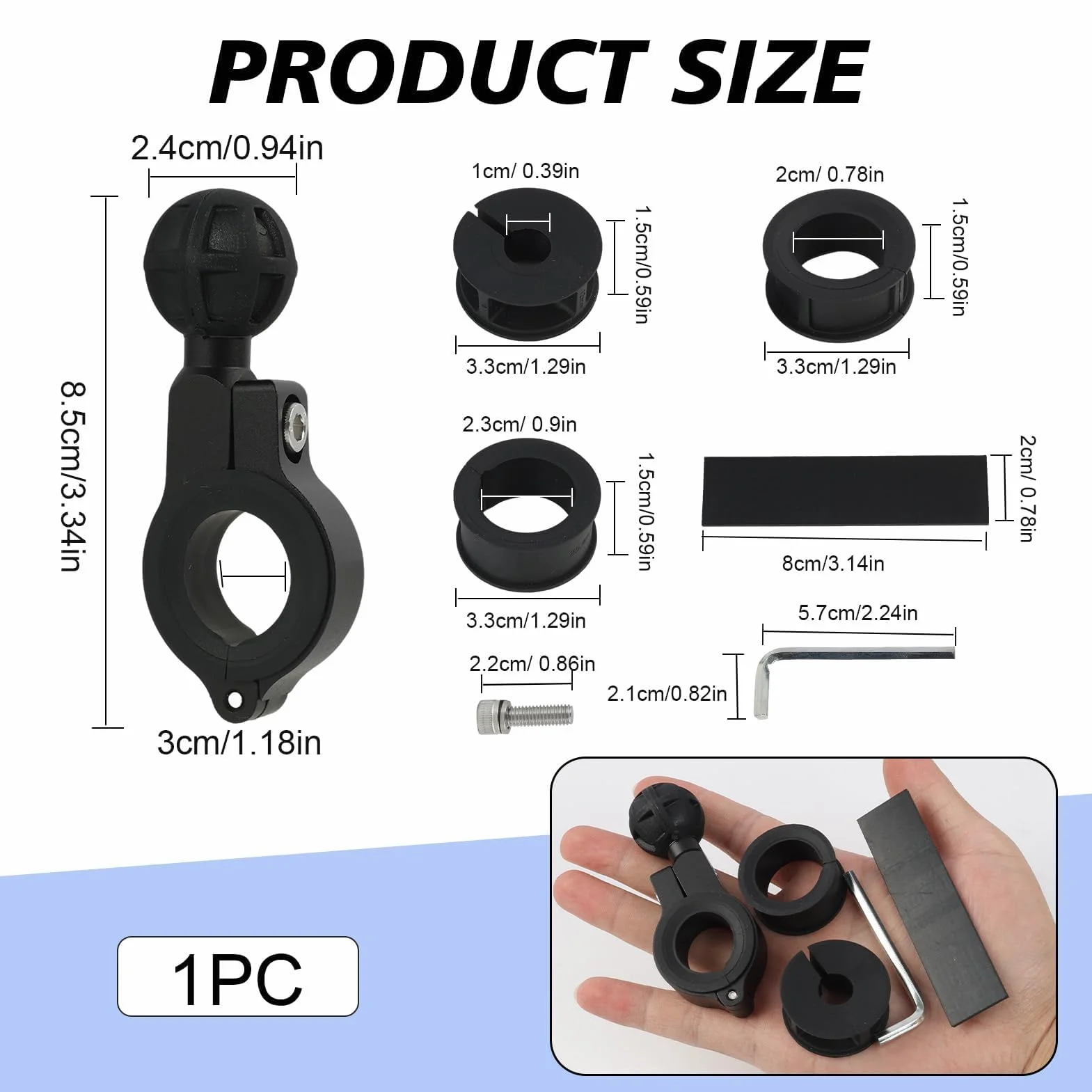 Aluminiowy adapter do mocowania kulkowego 1", uchwyt na kierownicę pasuje do kierownicy o średnicy 2,2-2,5-3,2 cm lub drążków lusterka wstecznego, kompatybilny z uchwytami na telefon komórkowy