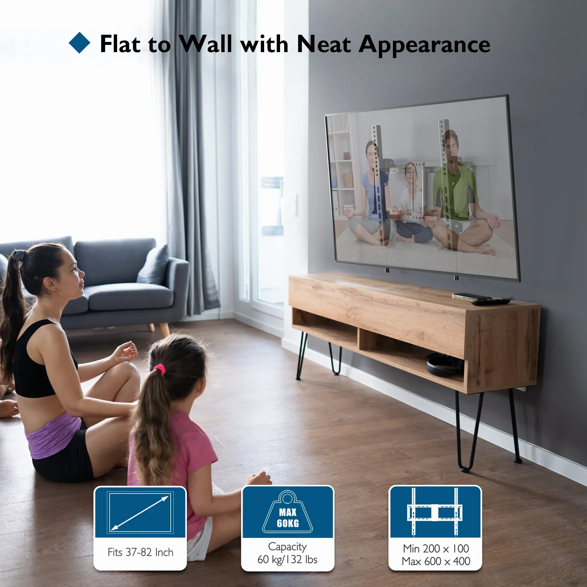 BONTEC Uchwyt Ścienny do Telewizora 37-82 cali, Ultra Wytrzymały Uchwyt TV LED LCD OLED, Nośność do 60kg, Regulacja Pochylenia, Max VESA 600x400mm, Zestaw Montażowy z Opaskami Kablowymi