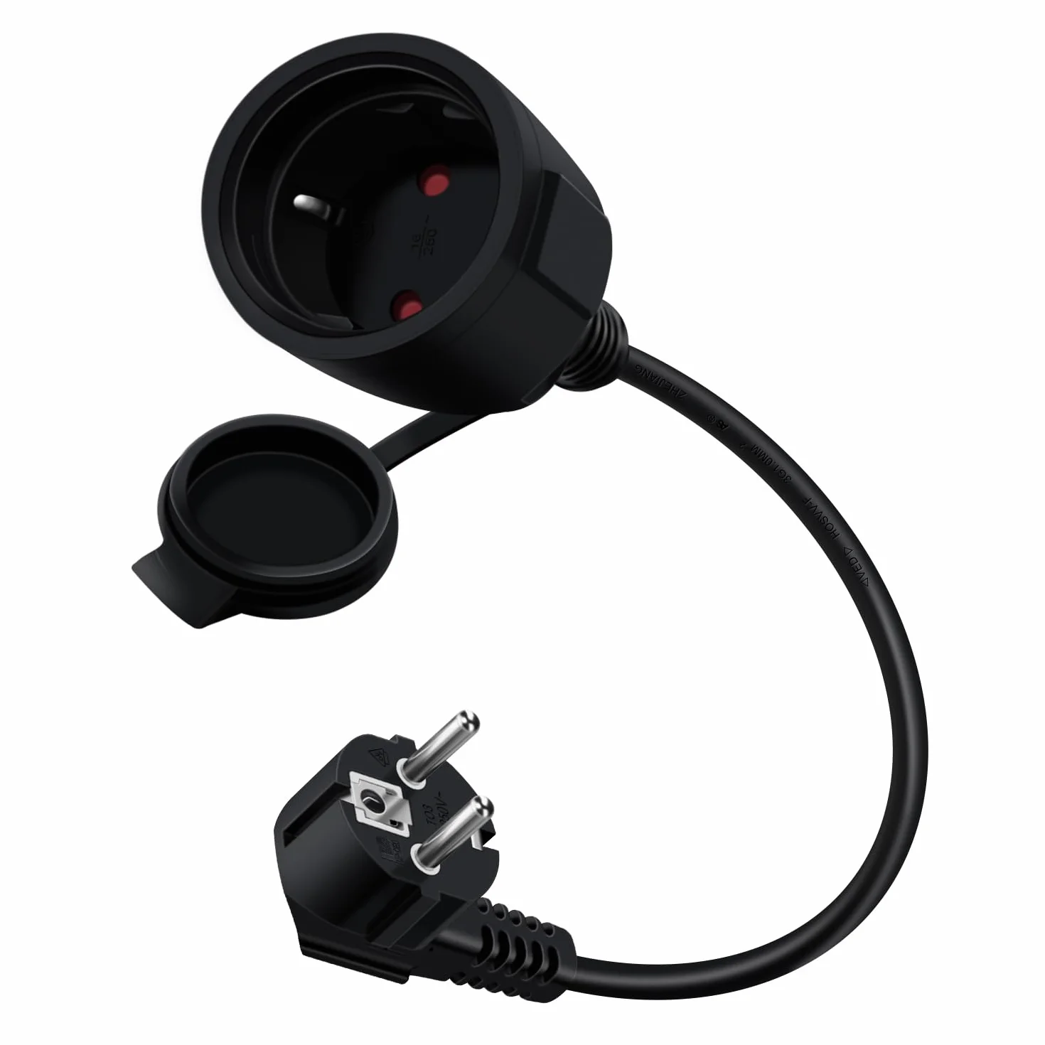 Schuko Przedłużacz Krótki 90° ochronny przedłużacz kontaktowy 16A /250V Krótki kabel 2 AC dla gniazda IP44 na zewnątrz lub wewnątrz, dom, biuro (czarny, 0.3 m)