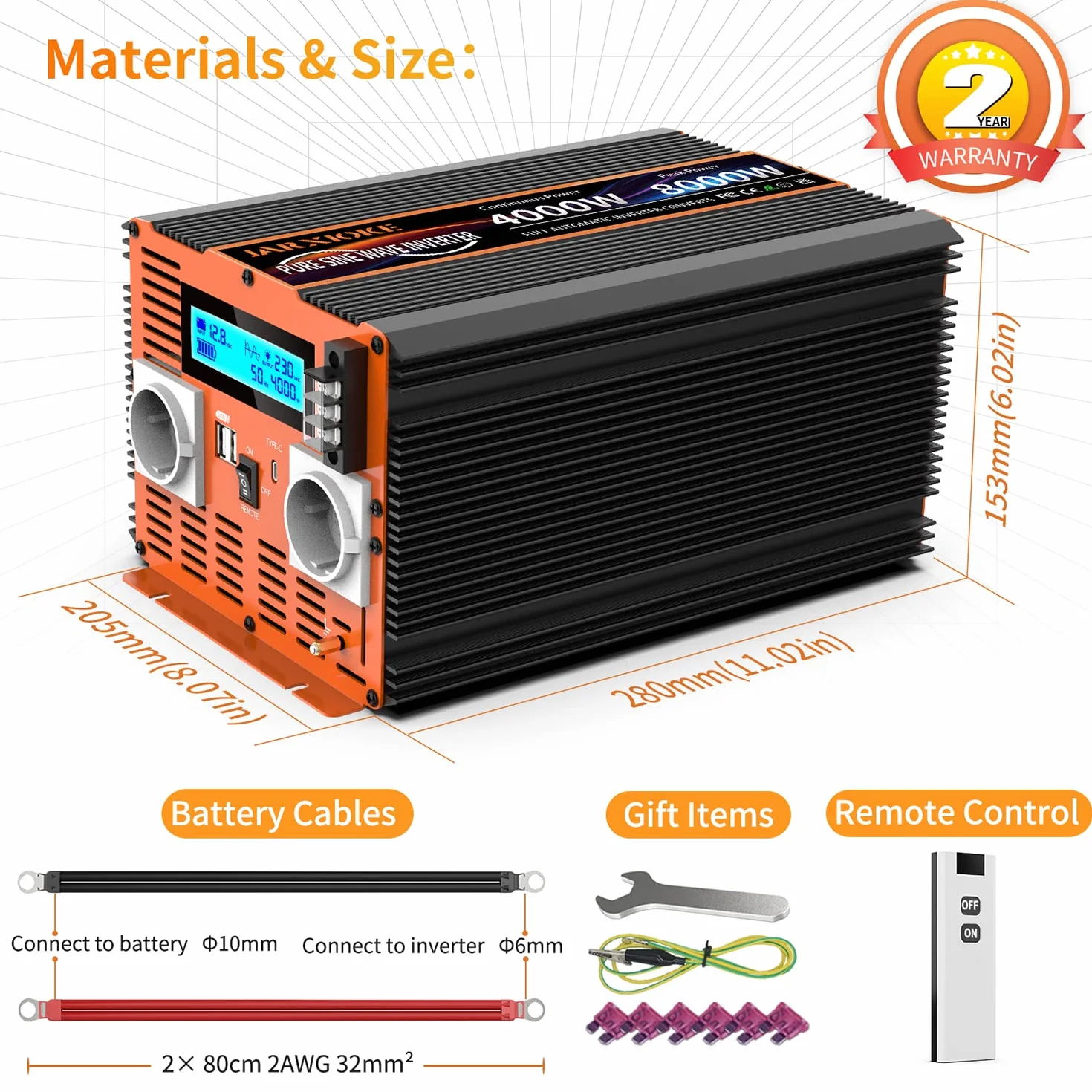 Falownik 12V 230V Czysty Sinus 4000W Przetwornica Napięcia z Pilotem Zdalnego Sterowania i Ekranem LCD i 2 Gniazdkami UE i 2 x port USB i Port typu C Solar Power Inverter (2 lata gwarancji)
