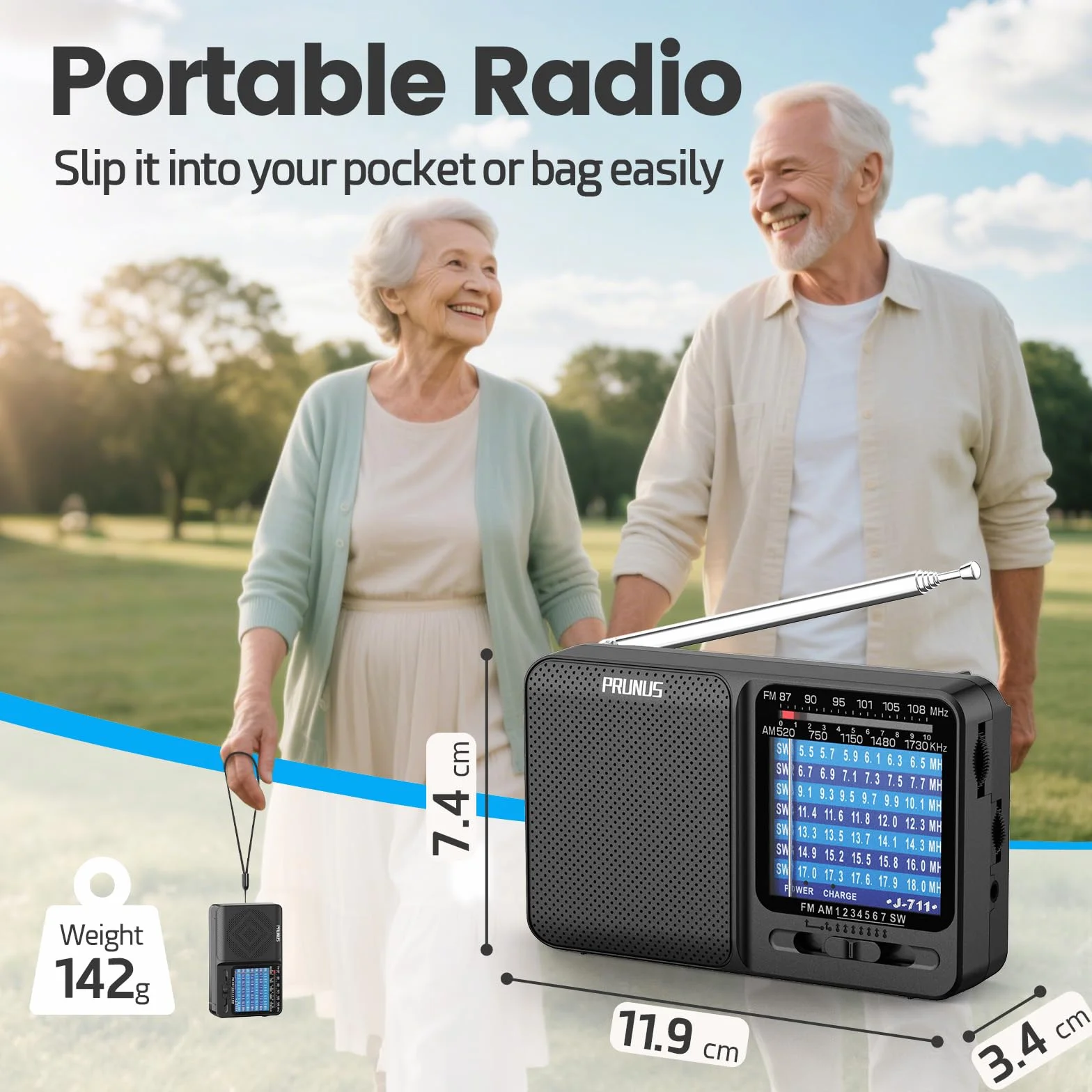 PRUNUS J-711 kieszonkowe radio AM/SW/FM z możliwością ładowania, kompatybilne z bateriami AA i ładowaniem USB-C, doskonały odbiór, gniazdo słuchawkowe, ze sznurkiem na szyję, idealne na spacery i