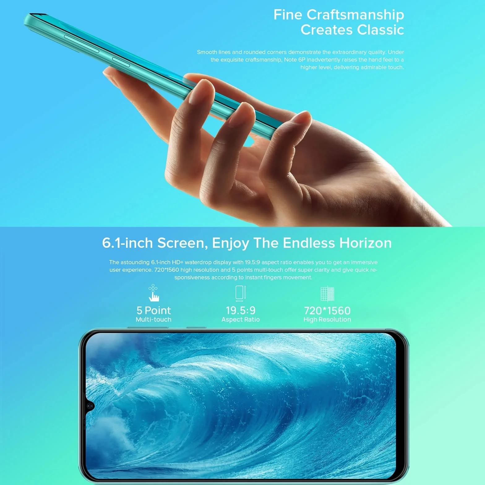 Ulefone Smartfon 4G bez umowy, Note 6(P), 8,5 mm, ultra cienki dual SIM, ekran HD 6,1", 3 gniazda na karty, Android 11 Go, 2 GB + 32 GB, aparat 8 MP + 5 MP, odblokowanie