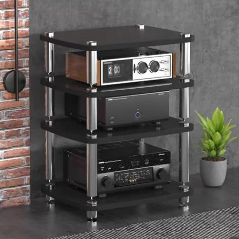 4-warstwowy stojak audio HIFI do urządzeń strumieniowych - stylowy stojak na kino domowe z nóżkami amortyzującymi do komponentów AV (rozmiar: 60 x 48 x 38 cm, kolor: D)