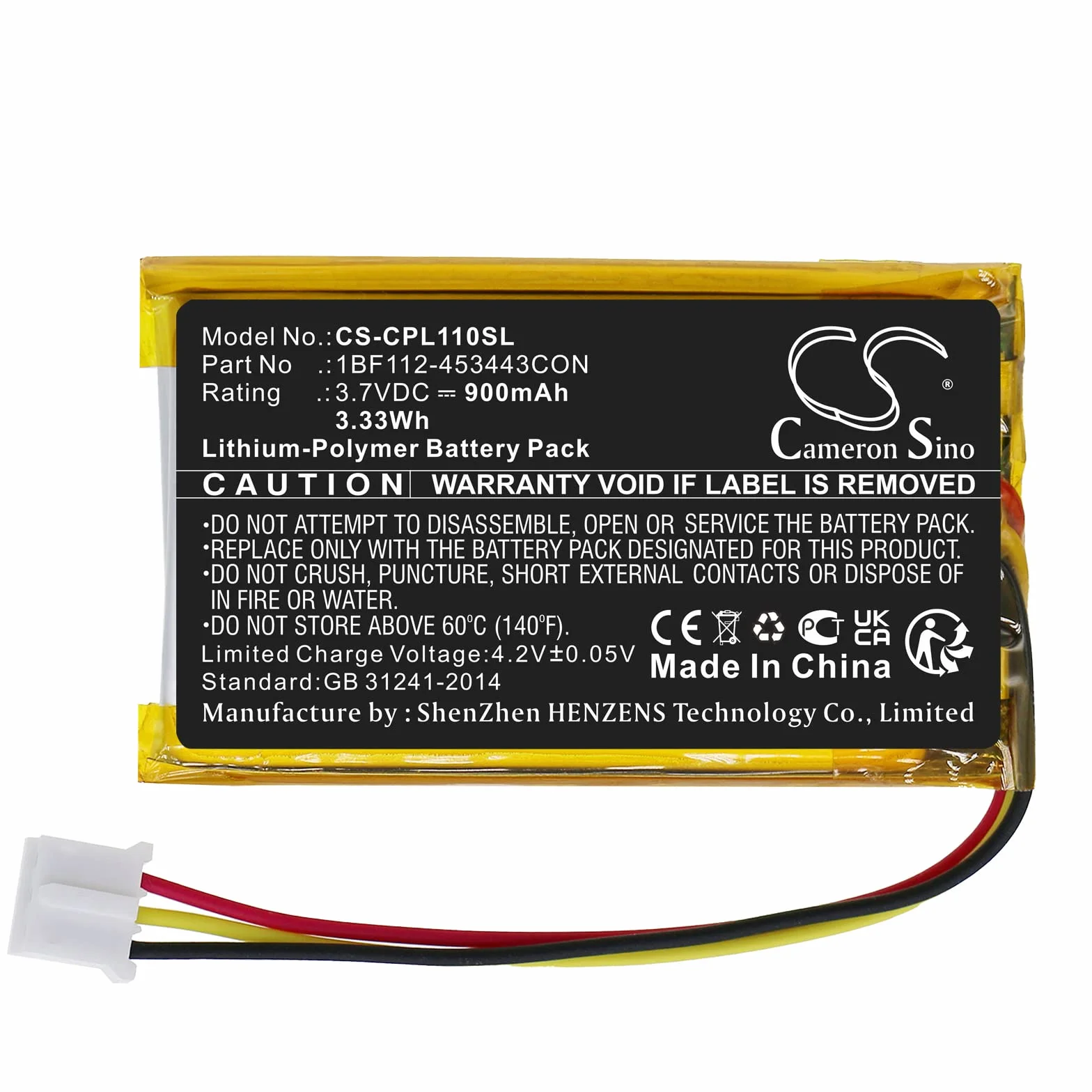 Cameron Sino Battery for CalAmp LMU-1100, LMU-1200, LMU-2600, LMU-2630, LMU-2700, LMU-4200, LMU-4500, LMU-500 PN:CalAmp 1BF12-45344 3 CON 900 mAh / 3,33 Wh