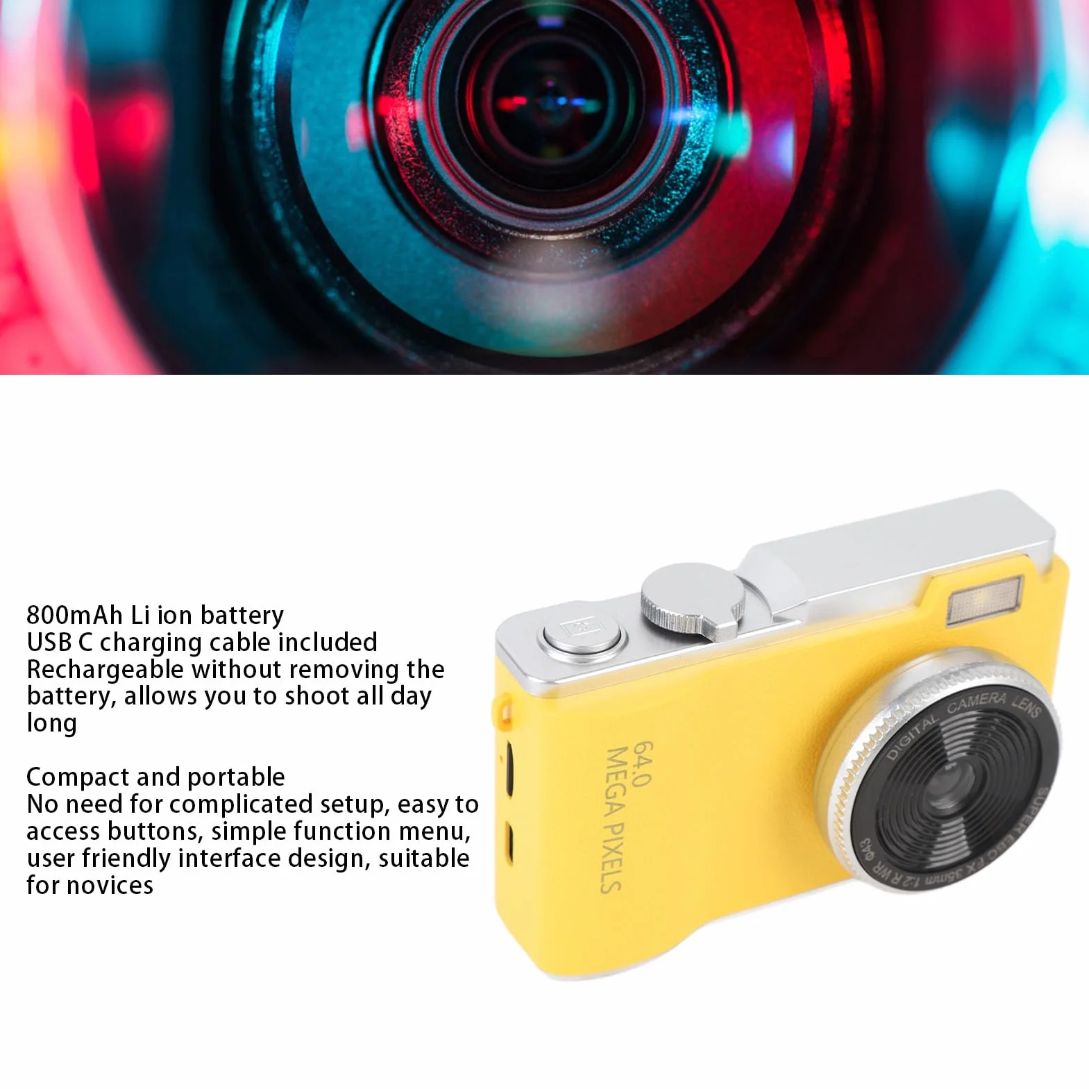 Cyfrowy Aparat Fotograficzny 4K do Fotografii, Kamera 64 MP do Vlogowania na YouTube z Kolorowym Ekranem IPS o Przekątnej 2,4 Cala, Przenośna Kamera CCD z 16-krotnym Zoomem (32GB)