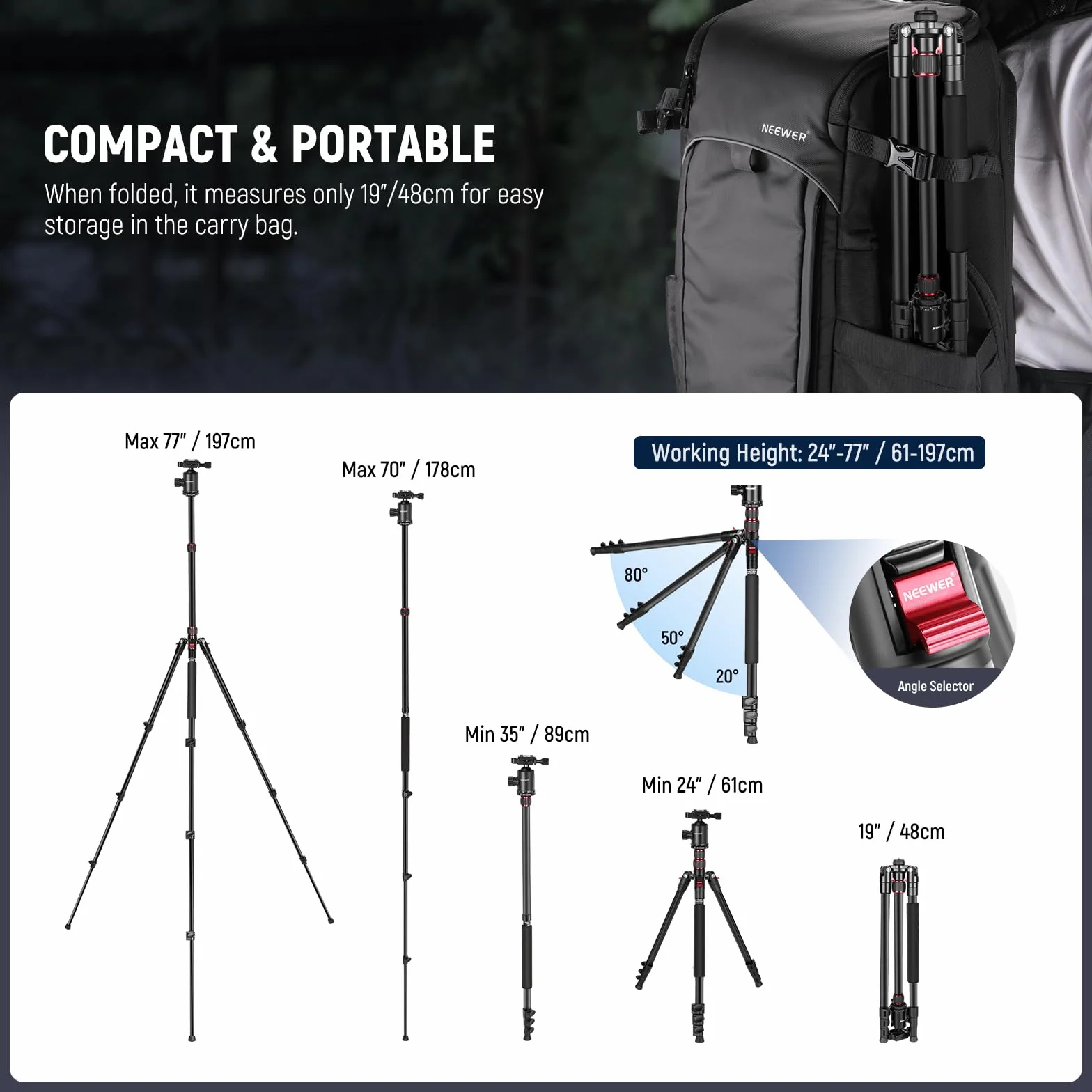 NEEWER Statyw do aparatu 195.6 cm z uchwytem na telefon, przenośny statyw podróżny z pilotem, głowica kulowa 360°, 2-osiowa kolumna środkowa, płyta QR Arca i torba, aluminiowy statyw DSLR maks.