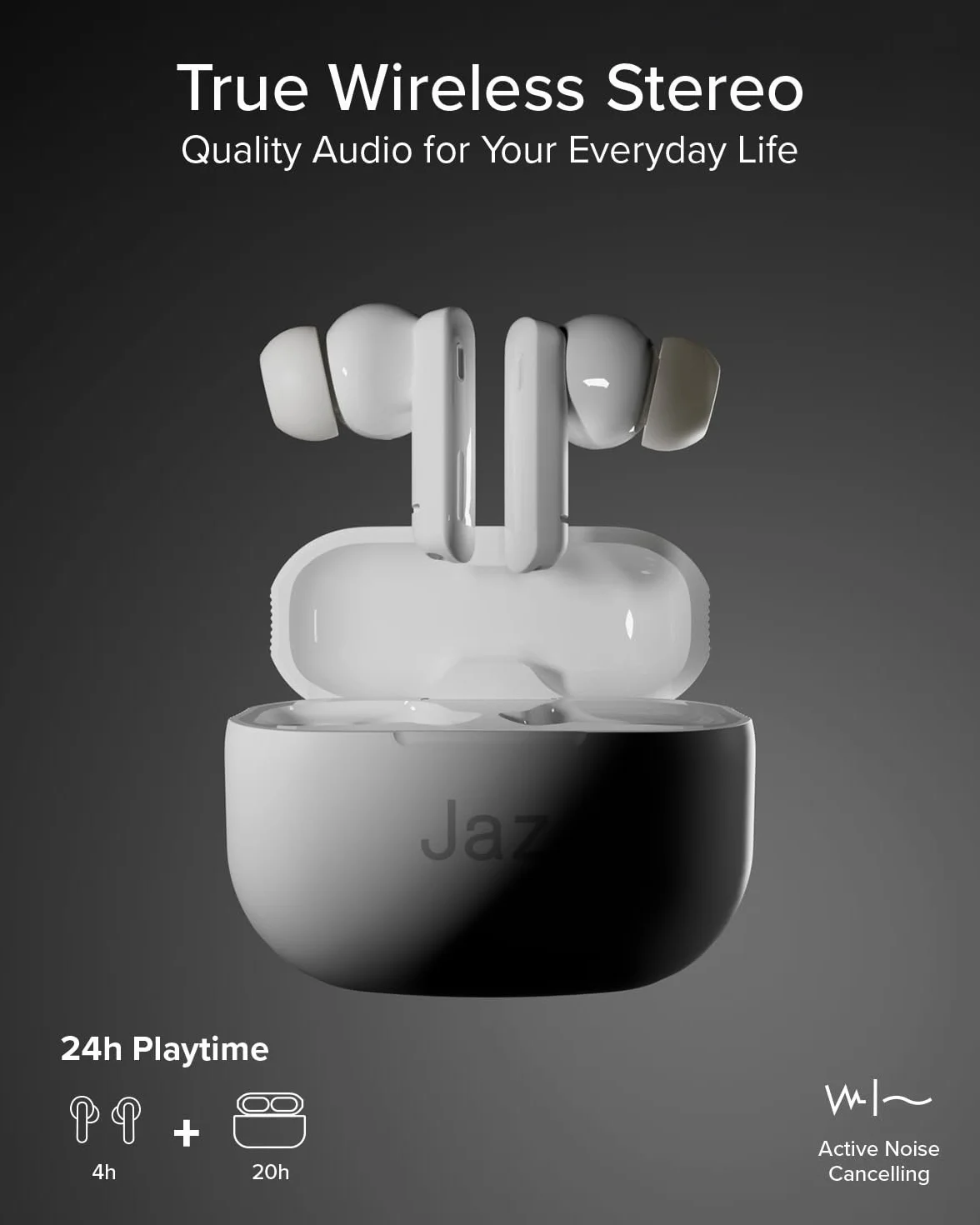 JAZ Maks - Słuchawki douszne In-Ear True Wireless Stereo, Aktywna Redukcja Szumów, Etui Ładujące, Mikrofon HD, Sterowanie Dotykowe, Do Smartfonów, Tabletów, Laptopów, 24h Odtwarzania