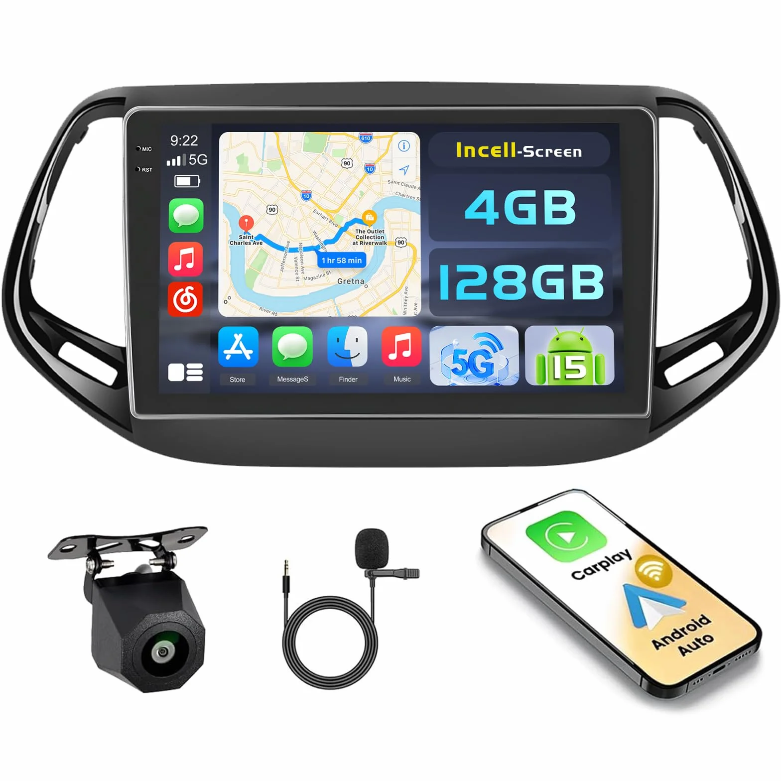 Android 15 4 + 128 G radio samochodowe do Jeep Compass 2017 z ekranem dotykowym 10,1 cala, radio samochodowe 2DIN z bezprzewodowym Carplay Android Auto, FM/RDS Radio BT GPS WiFi kamera cofania