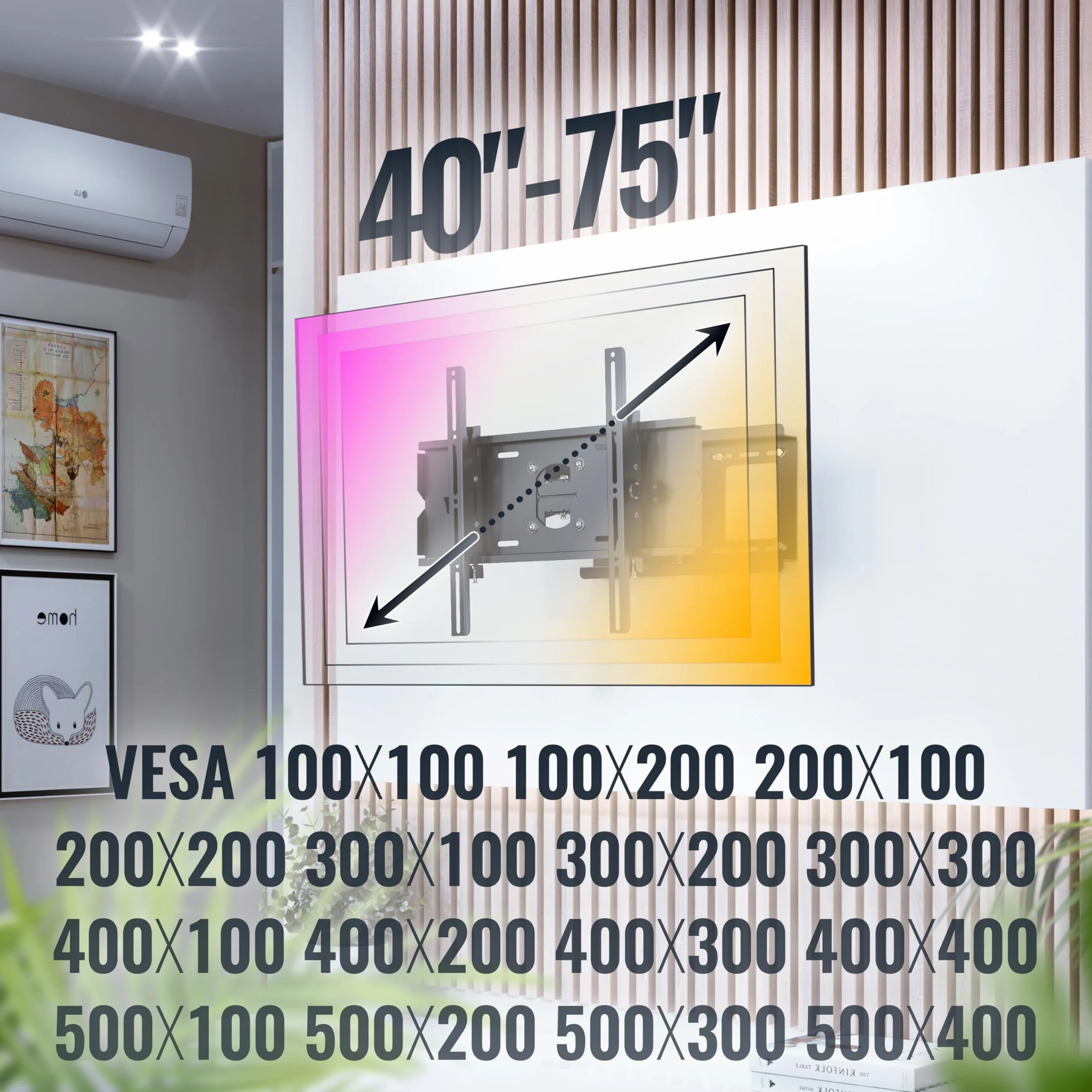 RICOO Uchwyt ścienny TV Orientable R03 Uniwersalny 32-65" (81-165cm) Naścienny TV LED/LCD/zakrzywiony VESA 200 x 200-400 x 400 x 400
