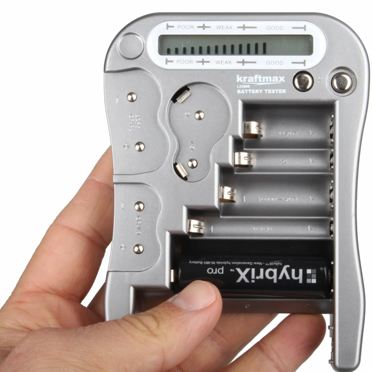 Kraftmax tester baterii V2 LCD uniwersalny z testem ogniw guzikowych