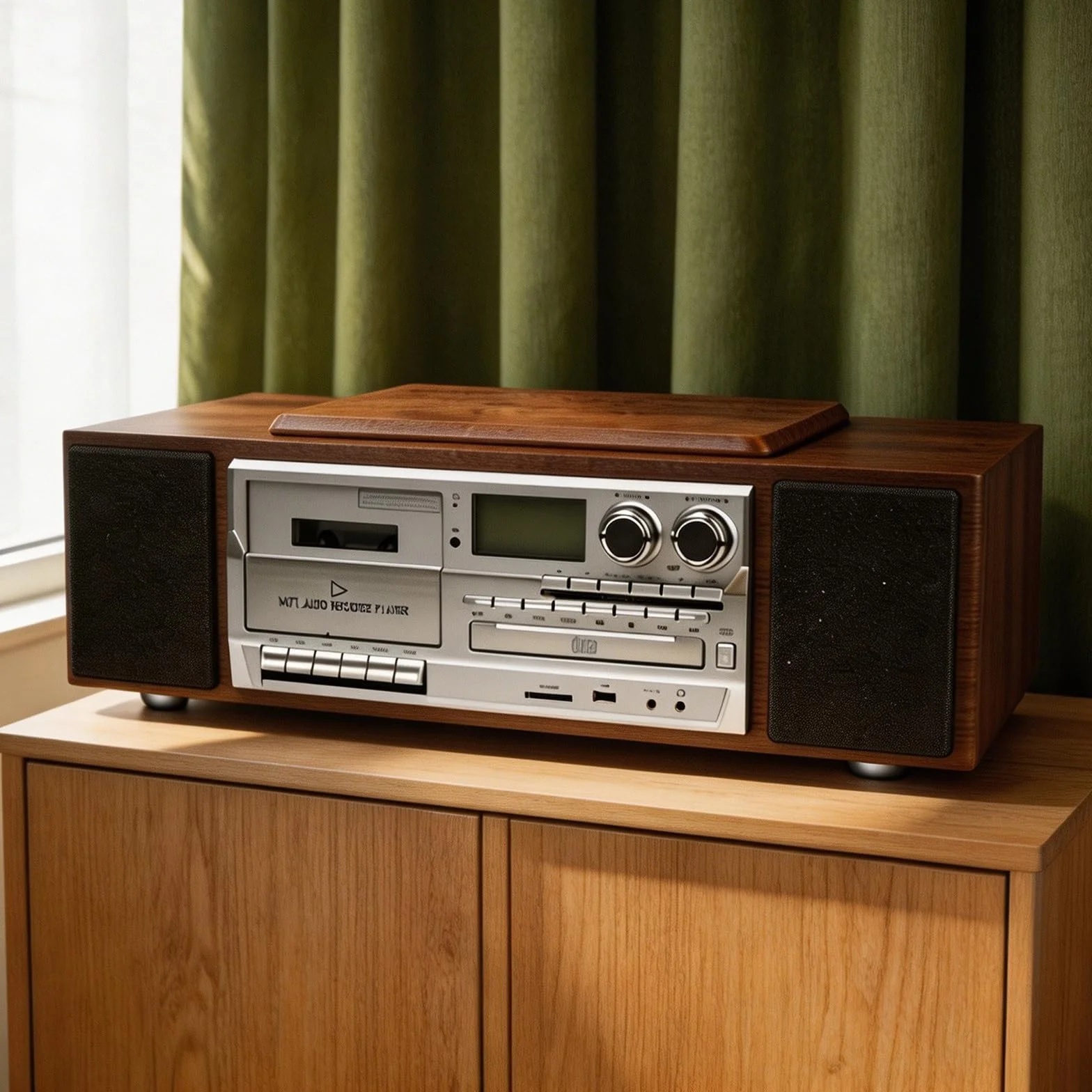 Odtwarzacz CD/MP3/kasetowy z radiem FM i pilotem zdalnego sterowania – centrum multimedialne z wbudowanymi głośnikami stereo i wejściem USB/AUX, wykończenie w stylu retro