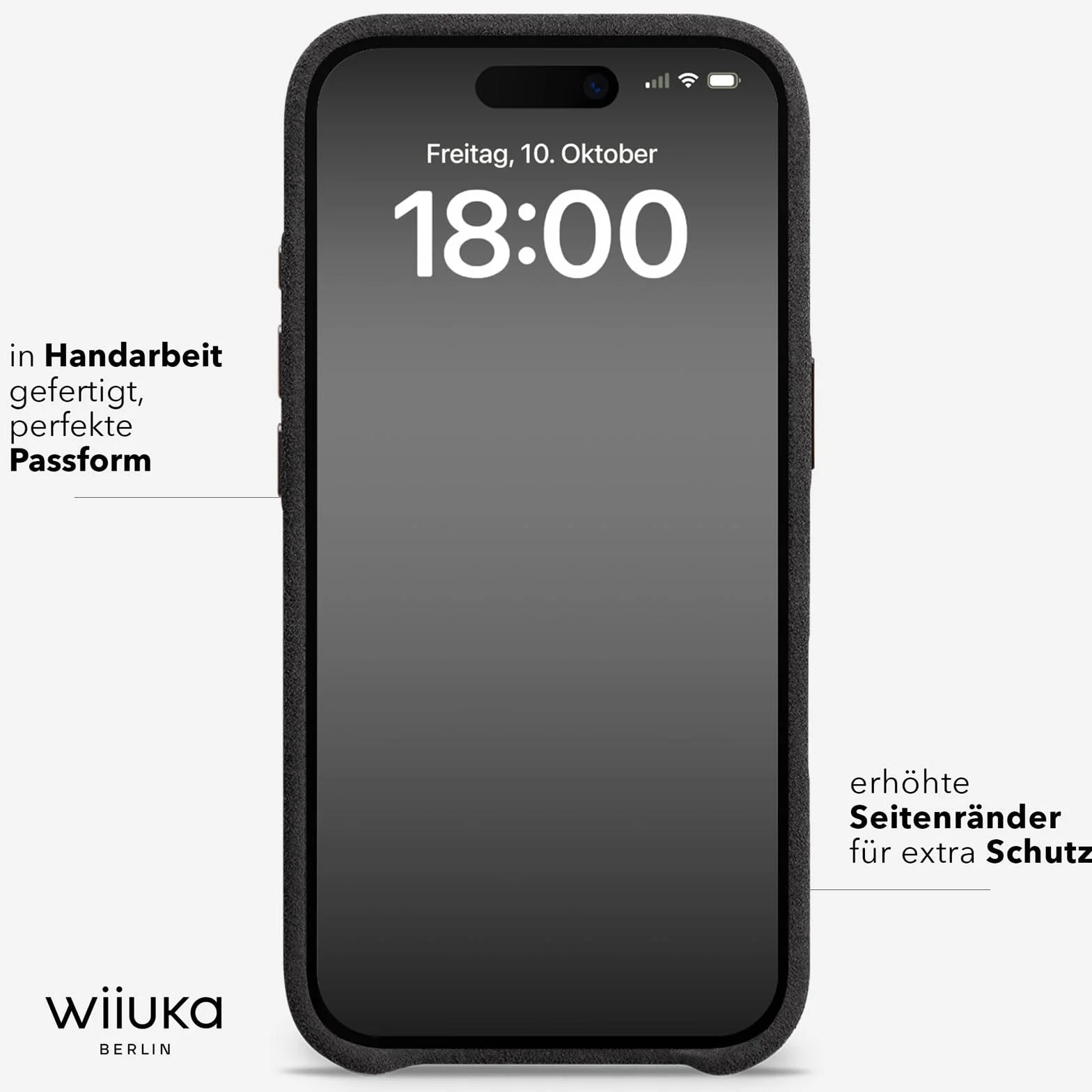WIIUKA Etui do iPhone 17 Pro Max, oryginalne Alcantara®, ręcznie wykonane, bardzo cienkie, etui premium na telefon komórkowy, Case, Qi, alternatywa dla skóry, kolor czarny