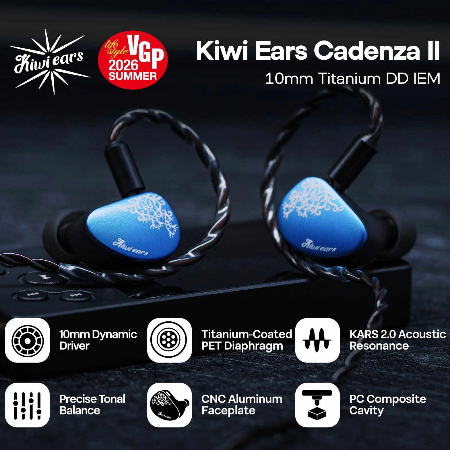 Linsoul Kiwi Ears Cadenza II 10 mm tytanowy przetwornik douszny, przewodowe słuchawki douszne HiFi z KARS 2.0, precyzyjna równowaga tonów, aluminiowa płytka czołowa CNC dla muzyków (Blue)