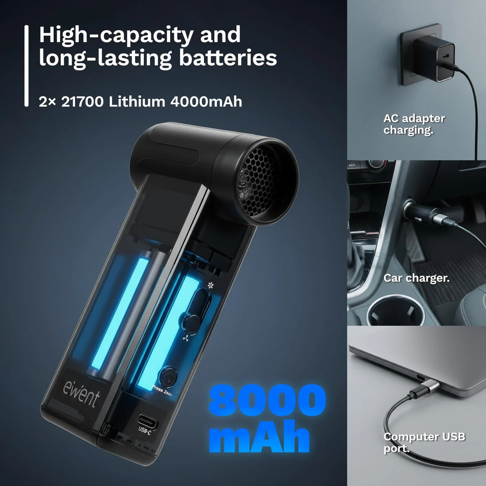 Ewent Odkurzacz elektryczny 4-w-1 180000 obr/min, dmuchawa sprężonego powietrza 8 prędkości, inflator i pompa próżniowa, 8000mAh, bezprzewodowy elektryczny odpylacz 12 kPa,Czyszczenie komputerów