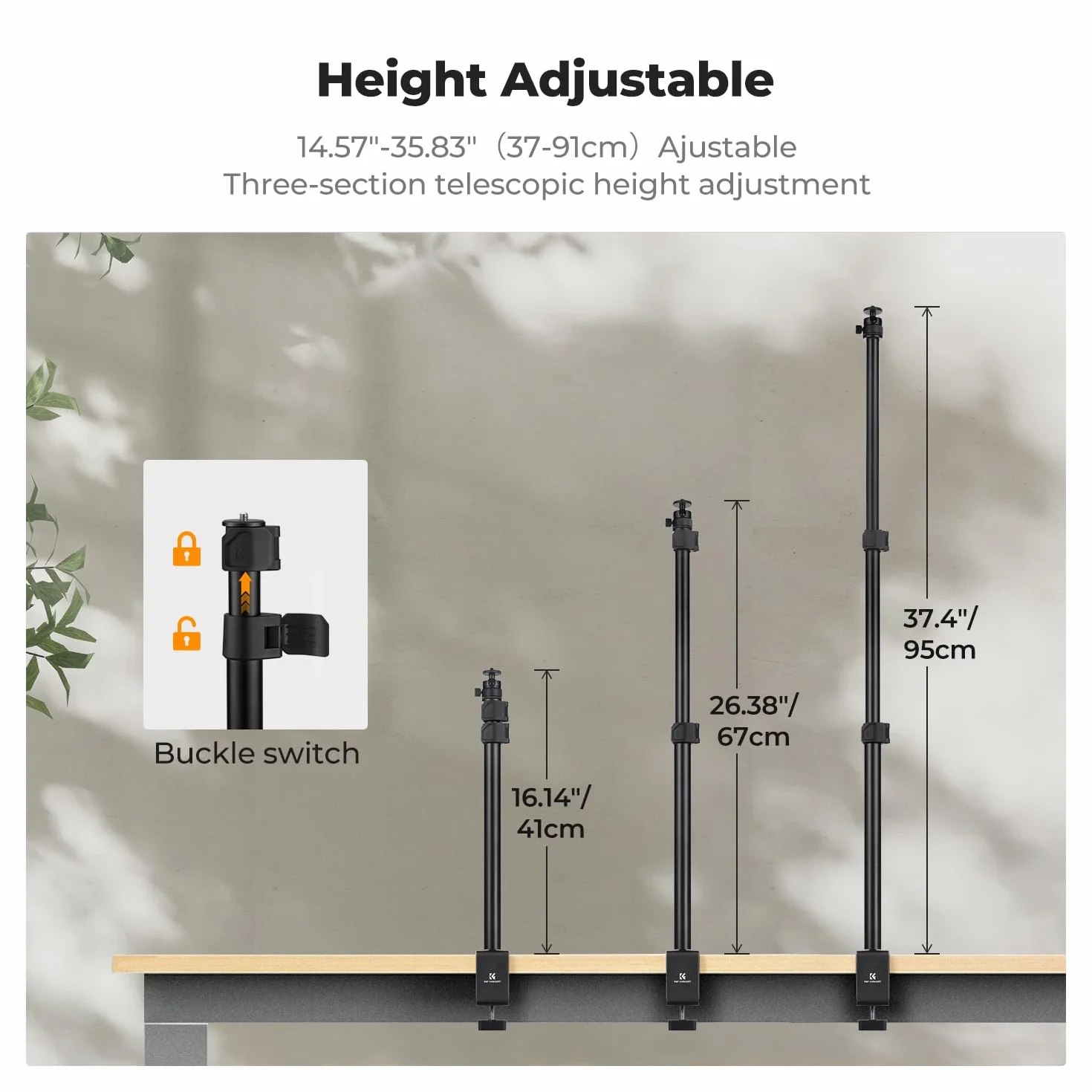 K&F Concept Uchwyt na biurko, uchwyt na aparat z kulą 360° i klipsem na telefon, regulowany uchwyt oświetleniowy 40,6–94 cm, uchwyt stołowy C, do lustrzanek