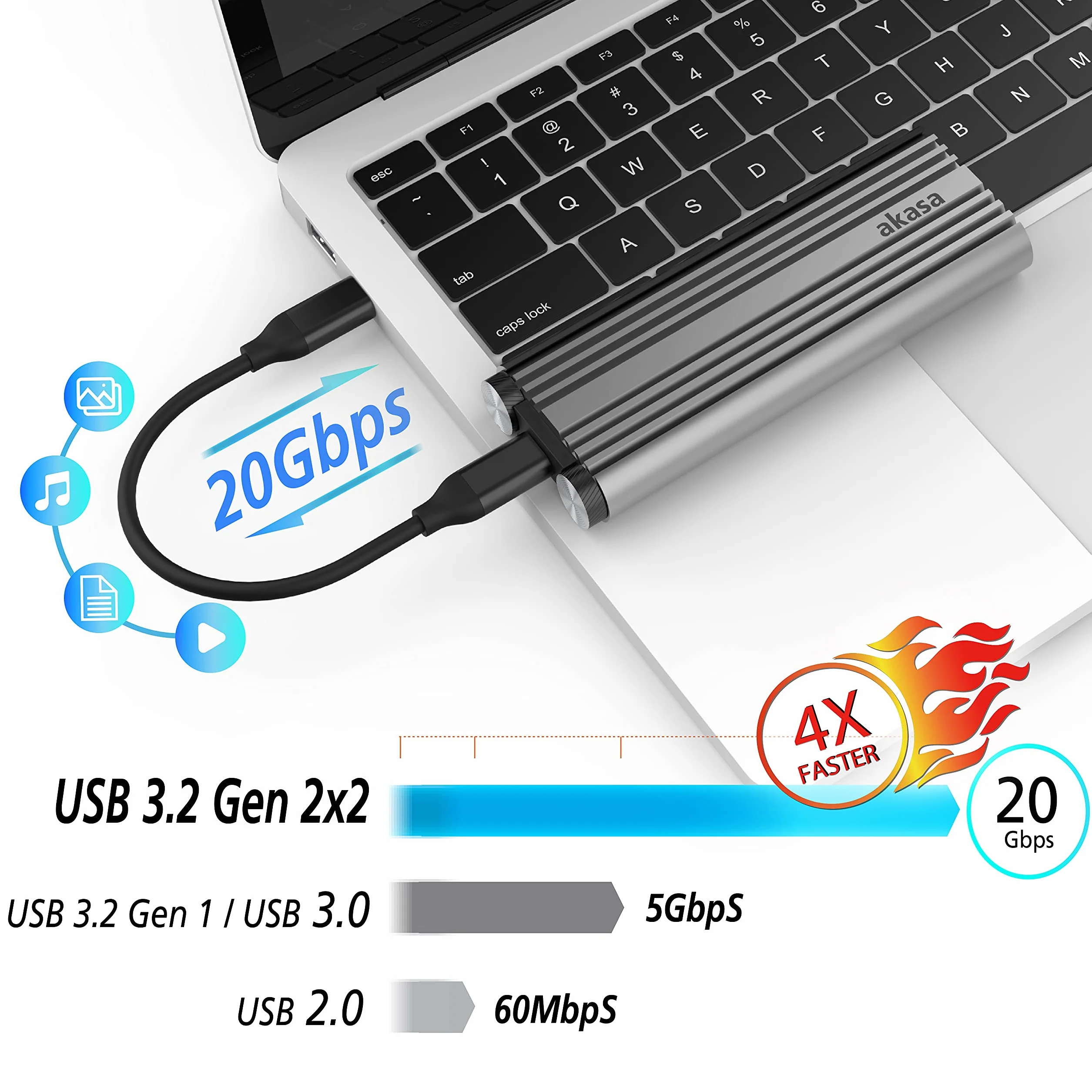 Akasa M.2 PCIe NVMe SSD na USB 3.2 Gen 2x2 aluminiowa obudowa | szybkość transferu 20 Gb/s, zewnętrzna obudowa SSD bez użycia narzędzi, przestrzeń szara, w zestawie torba do przenoszenia i podkładka termiczna, AK-ENU3M2-07