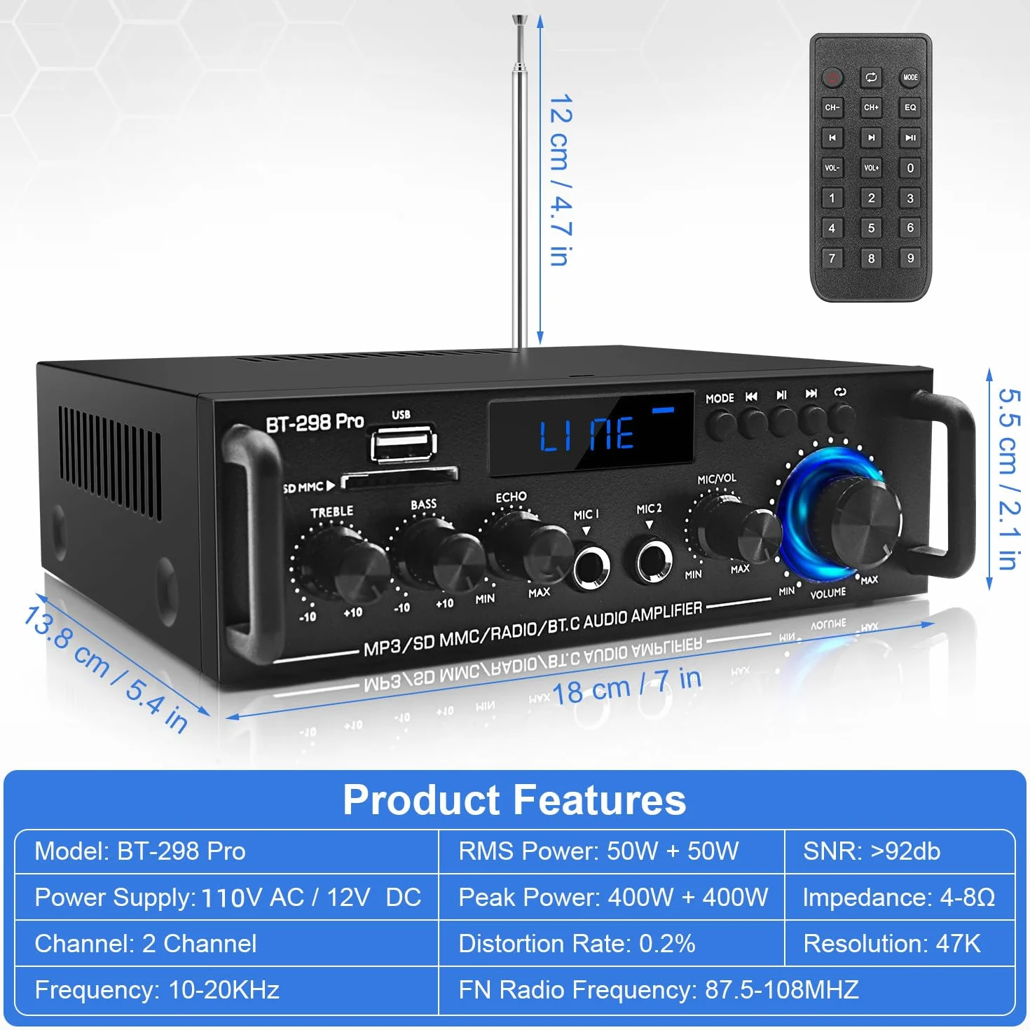 Wzmacniacz domowy odbiornik audio stereo z Bluetooth 5.0, maks. 800 W, 2.0-kanałowy system wzmacniacza stereo do głośników kina domowego, karaoke, garażu, wzmacniacza domowego z wejściem
