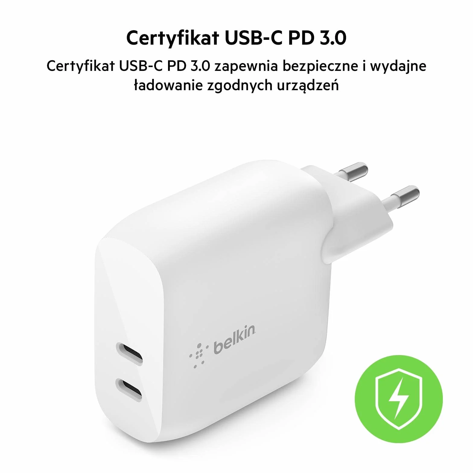 Belkin 40 W USB-C PD Ładowarka sieciowa (2 porty USB-C zapewniające 20 W na port z Power Delivery do szybkiego ładowania iPhone’a 14/14 Plus, 13, Pro/Pro Max, Mini, iPad Pro, Galaxy i innych urządzeń)