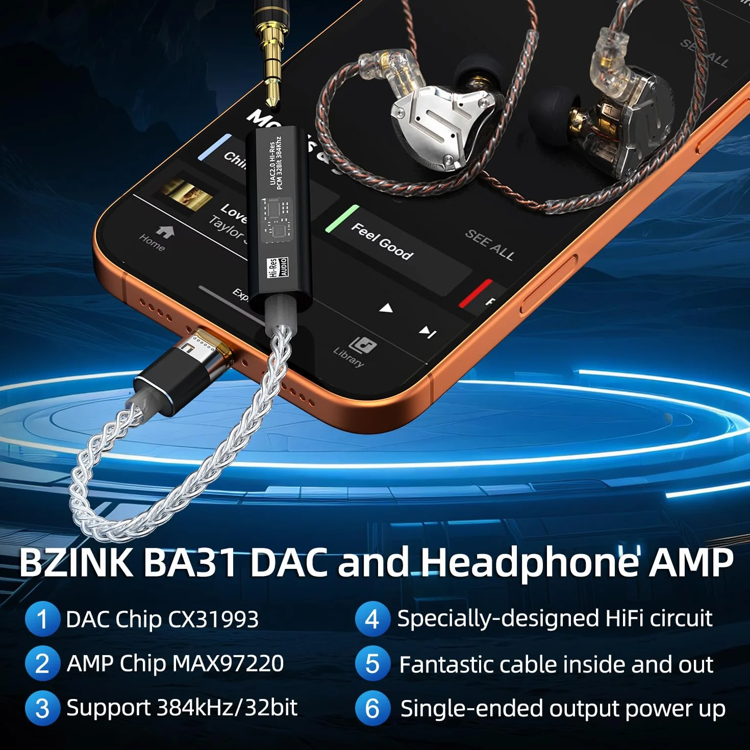 Adapter słuchawkowy USB C na 3,5 mm DAC z podwójnym chipem CX31993 i MAX97220, przenośny wzmacniacz dekodowania Hi-Res 32-bitowy/384 kHz z posrebrzanym kablem OCC do słuchawek iPhone, Android, Mac