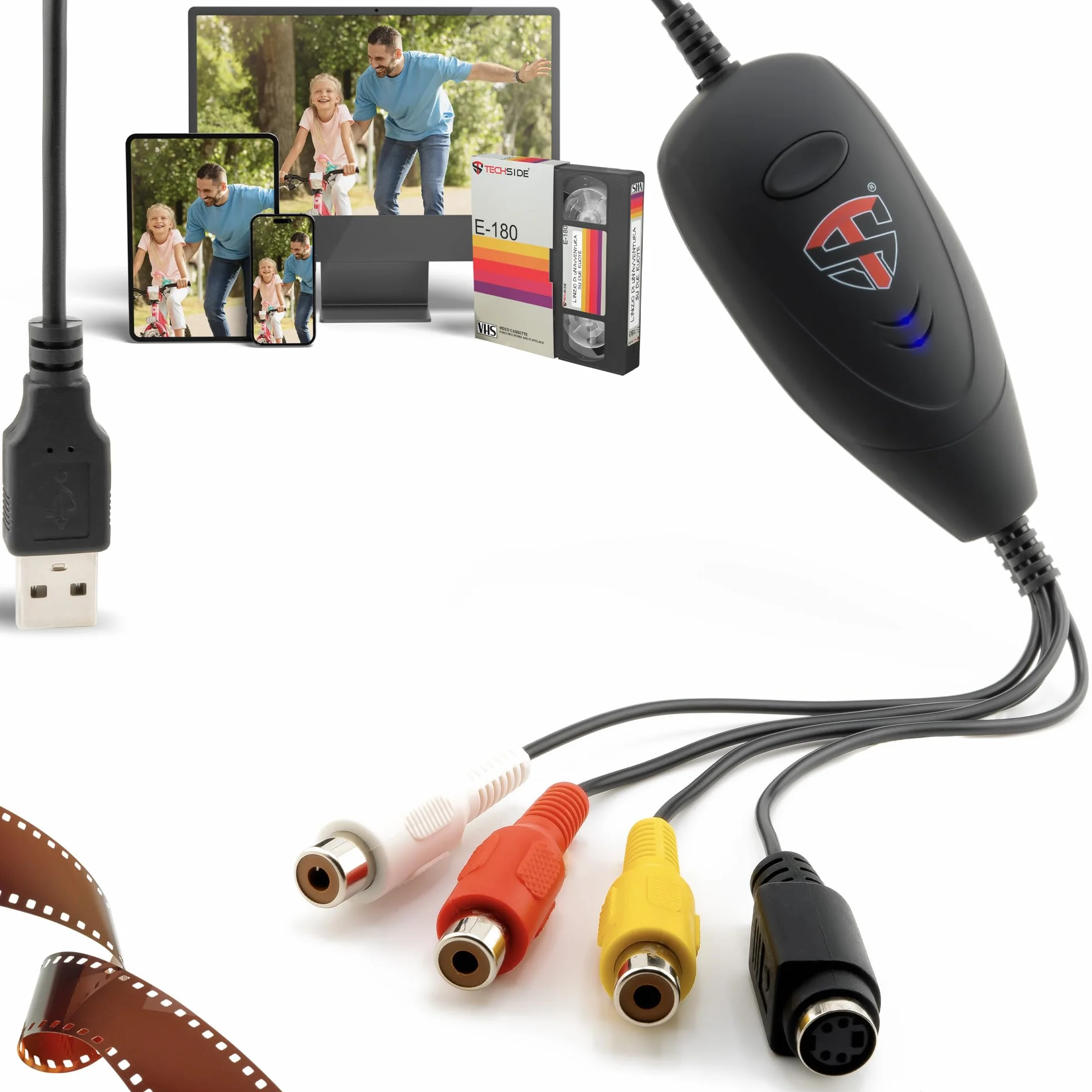 TechSide Video Grabber VHS 2026 | Konwerter Analogowo-Cyfrowy | Karta Przechwytywania PC USB 2.0 Mac, Windows 11/10 i Linux | Nowe Oprogramowanie 1080p | Przekształca VHS, Magnetowid i Hi8 na MP4