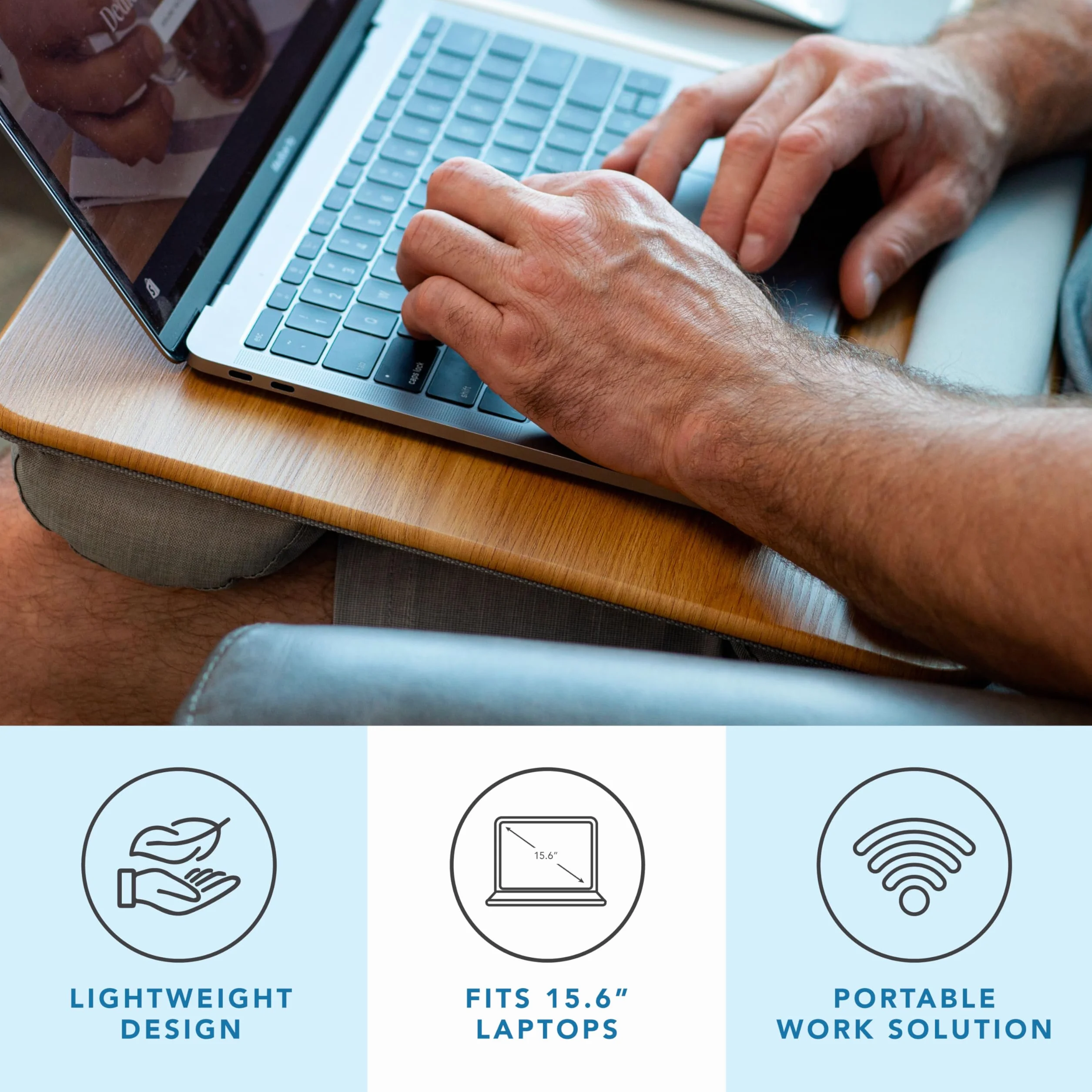 LAPGEAR Home Office Pro biurko na kolana z podpórką pod nadgarstek, podkładką pod mysz i uchwytem na telefon, drewno dębowe, pasuje do laptopów o przekątnej ekranu do 15,6 cala, styl nr 91599