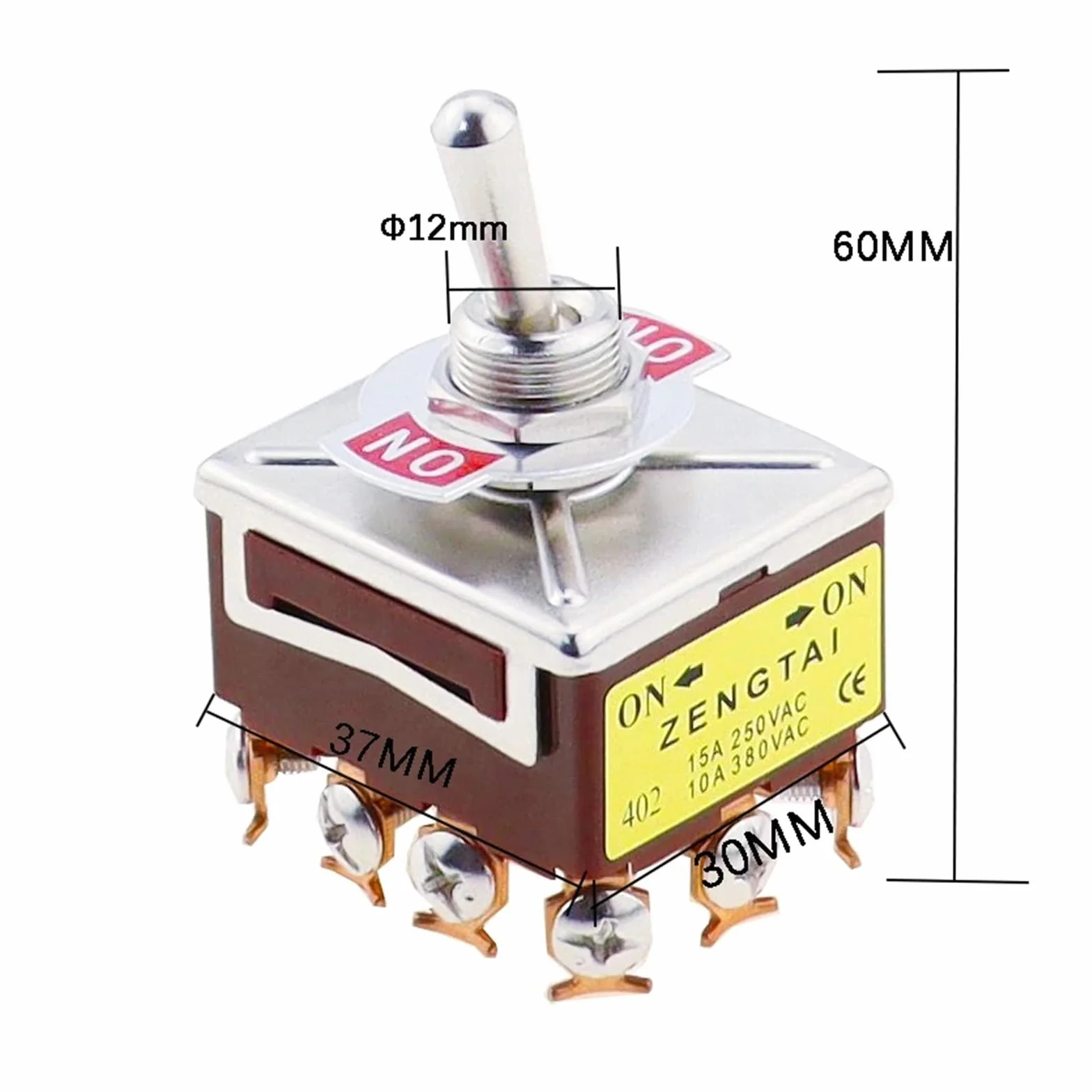 E-TEN 403 przełącznik kołyskowy ON-OFF-ON 12Pin 12mm 250V 15A srebrny styk miedziany