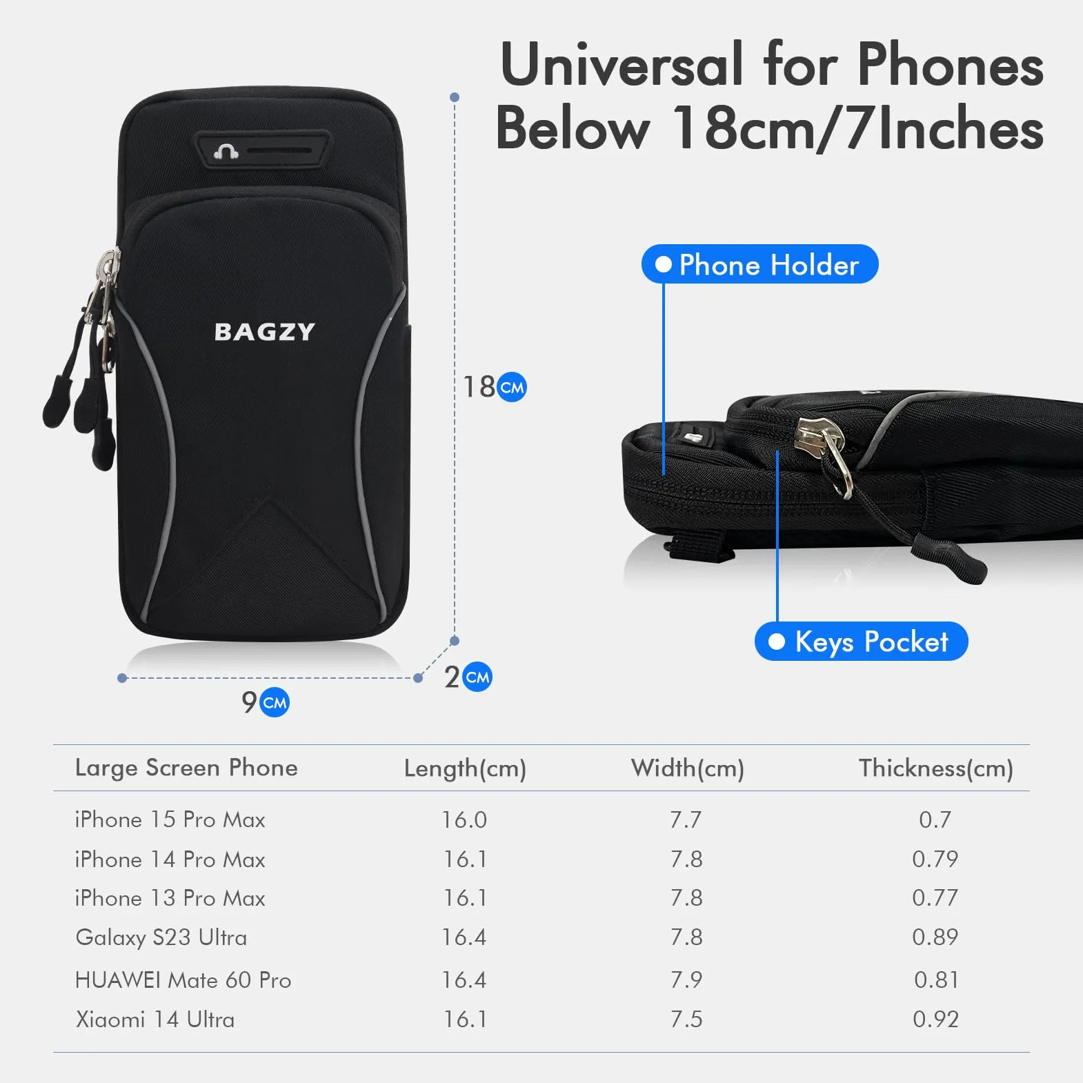 BAGZY Sportowa Nerka na Telefon do Biegania, 7,0 Cala Nerka na Ramię do Smartfona, Futerał na Telefon, Akcesoria do Fitnessu, Biegania, Jogi dla iPhone 15 Pro/14 Pro Max