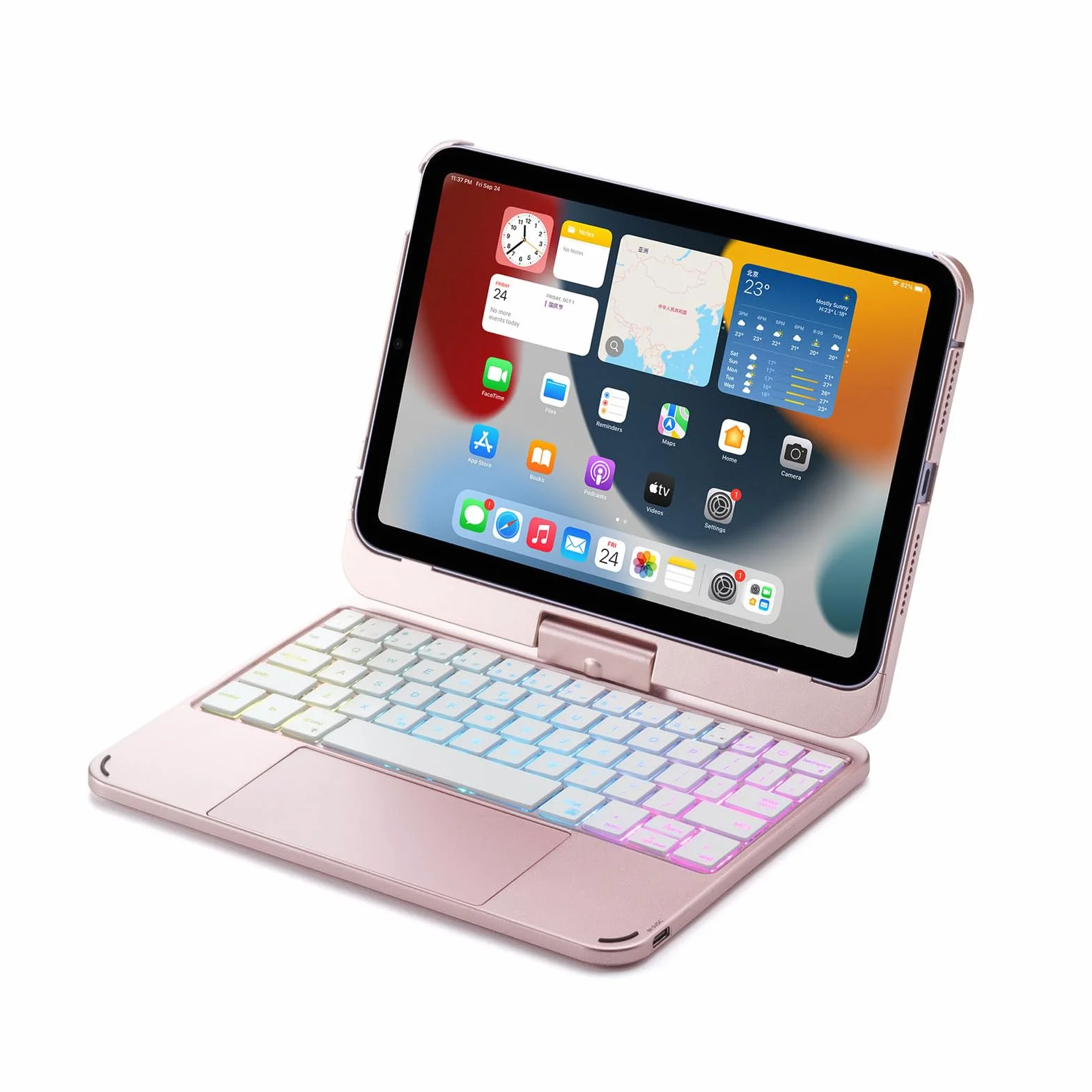 Etui na klawiaturę do iPad mini 7 (2024) i Mini 6 (2021) 8,3", obracane o 360°, 7 kolorów podświetlenia tła z gładzikiem i uchwytem na długopis, różowe