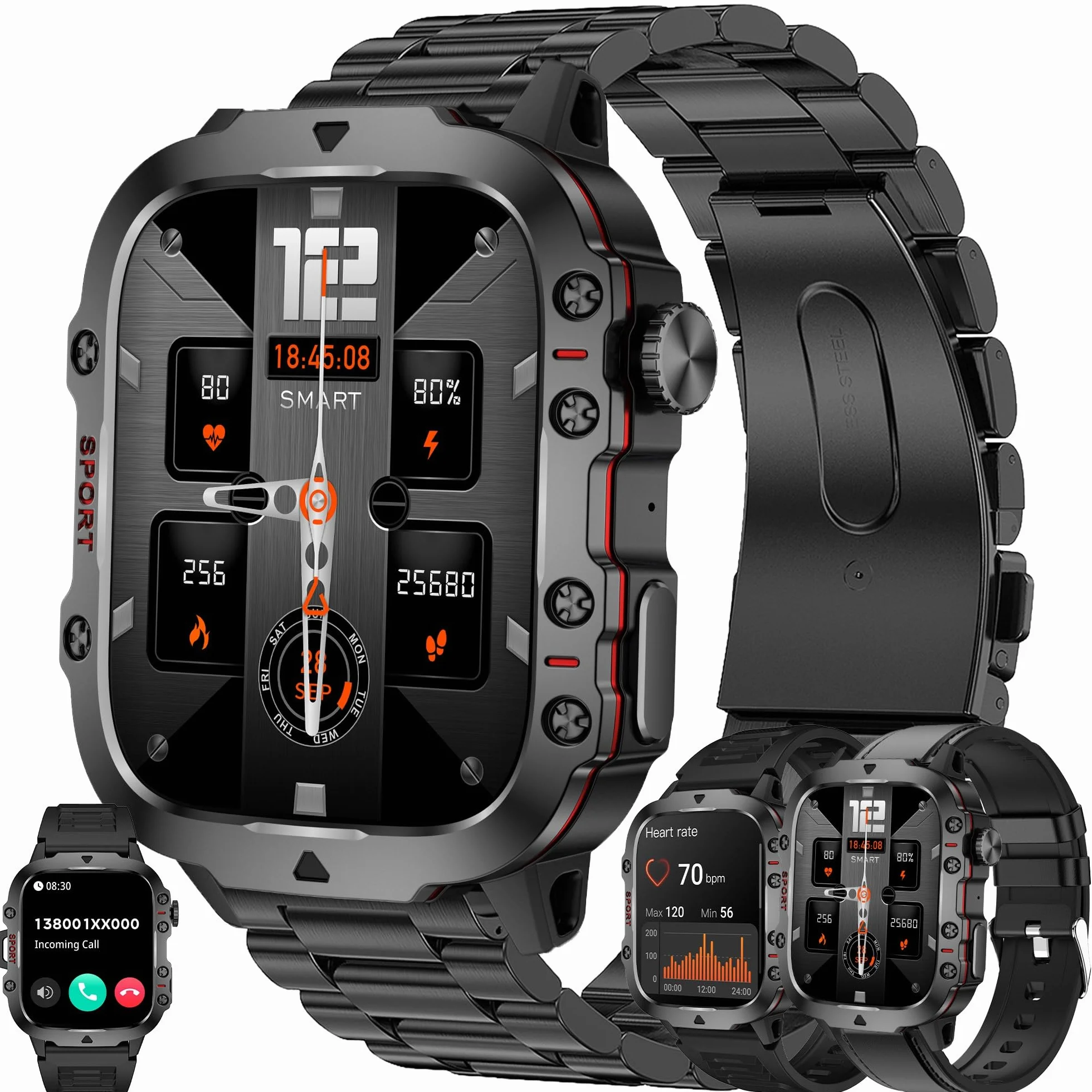 Smartwatch męski z funkcją telefonu, 5 ATM, wodoszczelny 1,96" HD zegarek sportowy z Bluetooth i połączeniami telefonicznymi, monitor tętna, monitorem snu, krokomierzem