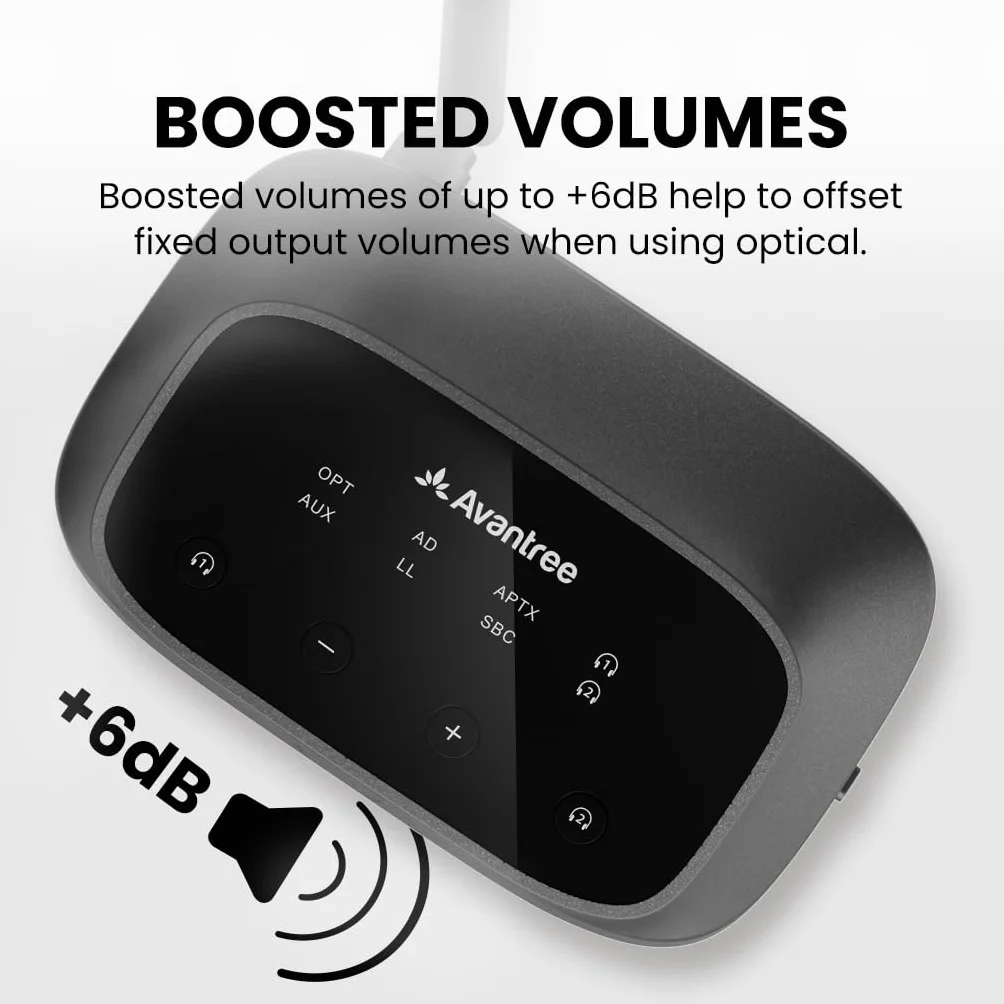 Avantree Oasis Plus 2 – transmiter Bluetooth do TV z pilotem do regulacji głośności, obsługa dwóch słuchawek, aptX Adaptive, passthrough soundbara, do TV z wyjściem optycznym lub AUX