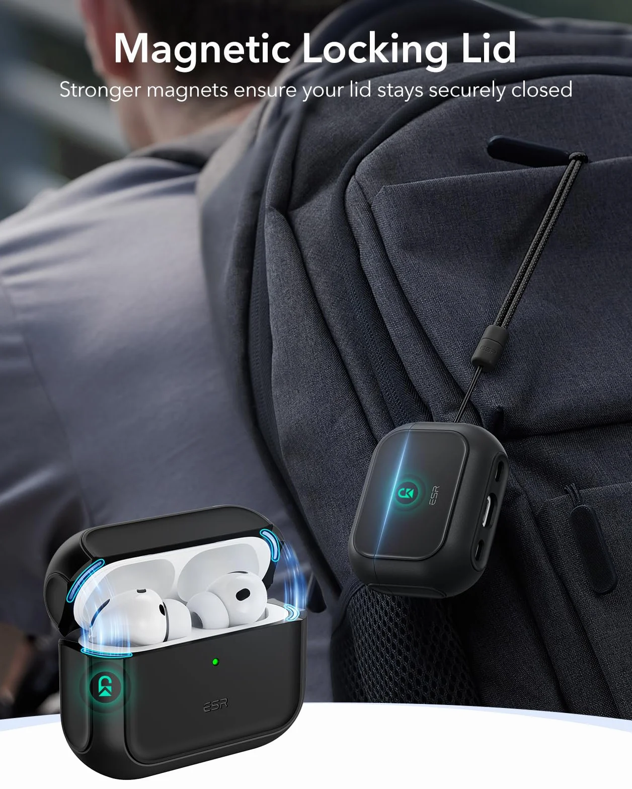 ESR Etui do AirPods Pro 3, kompatybilne z AirPods Pro 3. generacji (2025), kompatybilne z MagSafe, pełna ochrona przed upadkiem z etui i smyczą, czarne