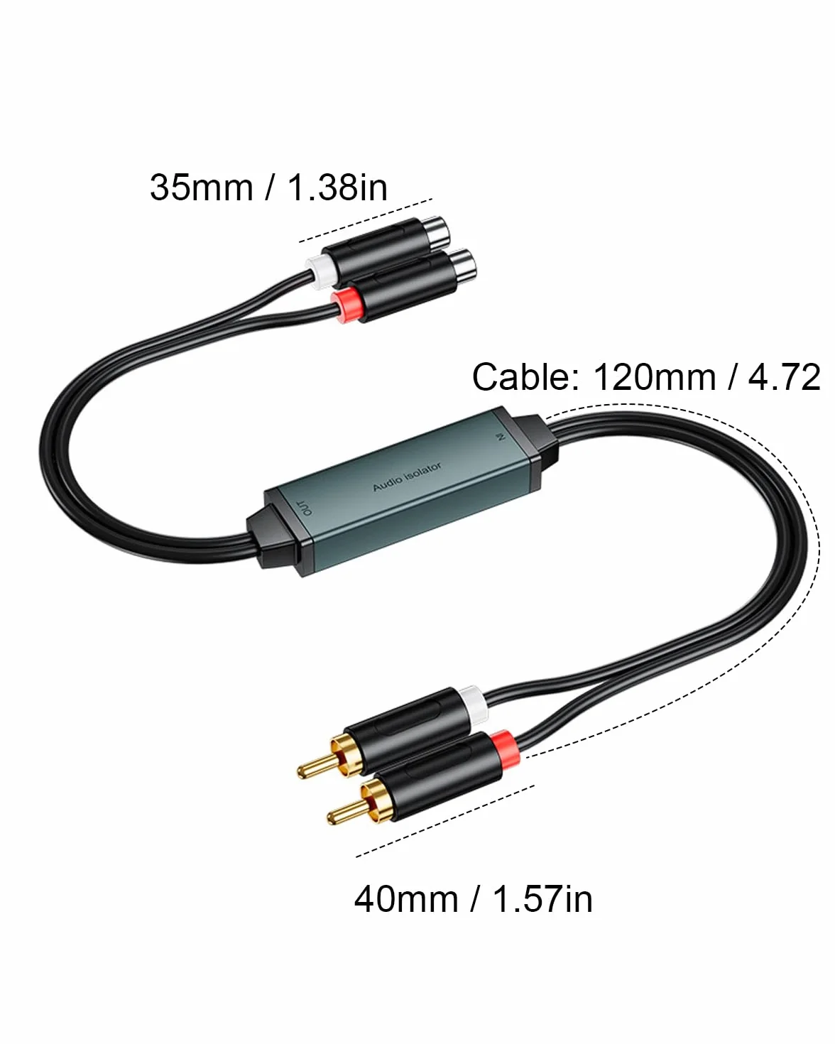 Duttek Izolator pętli uziemienia RCA, eliminator szumów z filtrem z podwójnym kablem audio RCA męski na żeński do samochodowego systemu audio/domowego systemu stereo - Plug and Play