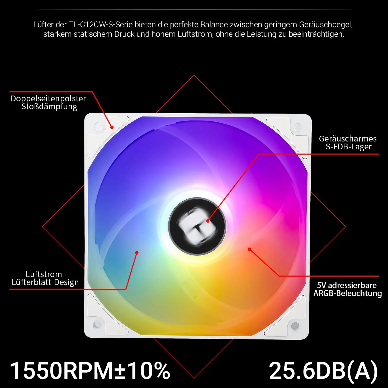 TR-Thermalright TL-C12CW-S X5, zestaw 5 wentylatorów obudowy ARGB, 120 mm, 4-pin PWM, ciche chłodzenie, prędkość 1550 obr./min, niski hałas 25,6 dBA, do systemów chłodzenia PC, białe