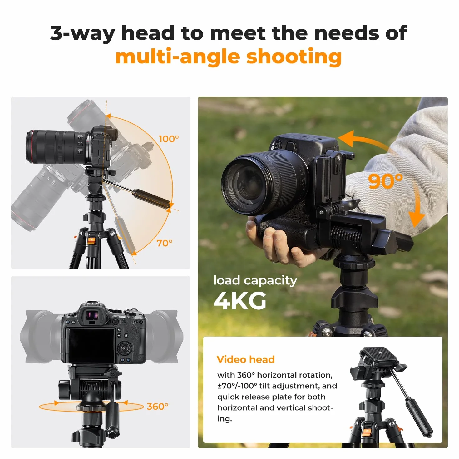 K&F Concept Statyw do aparatu, 196 cm, statyw wideo, nowy lekki statyw podróżny, tripod z 3-drożną głowicą, aluminiowy statyw do lustrzanki cyfrowej, statyw do smartfona z uchwytem na telefon