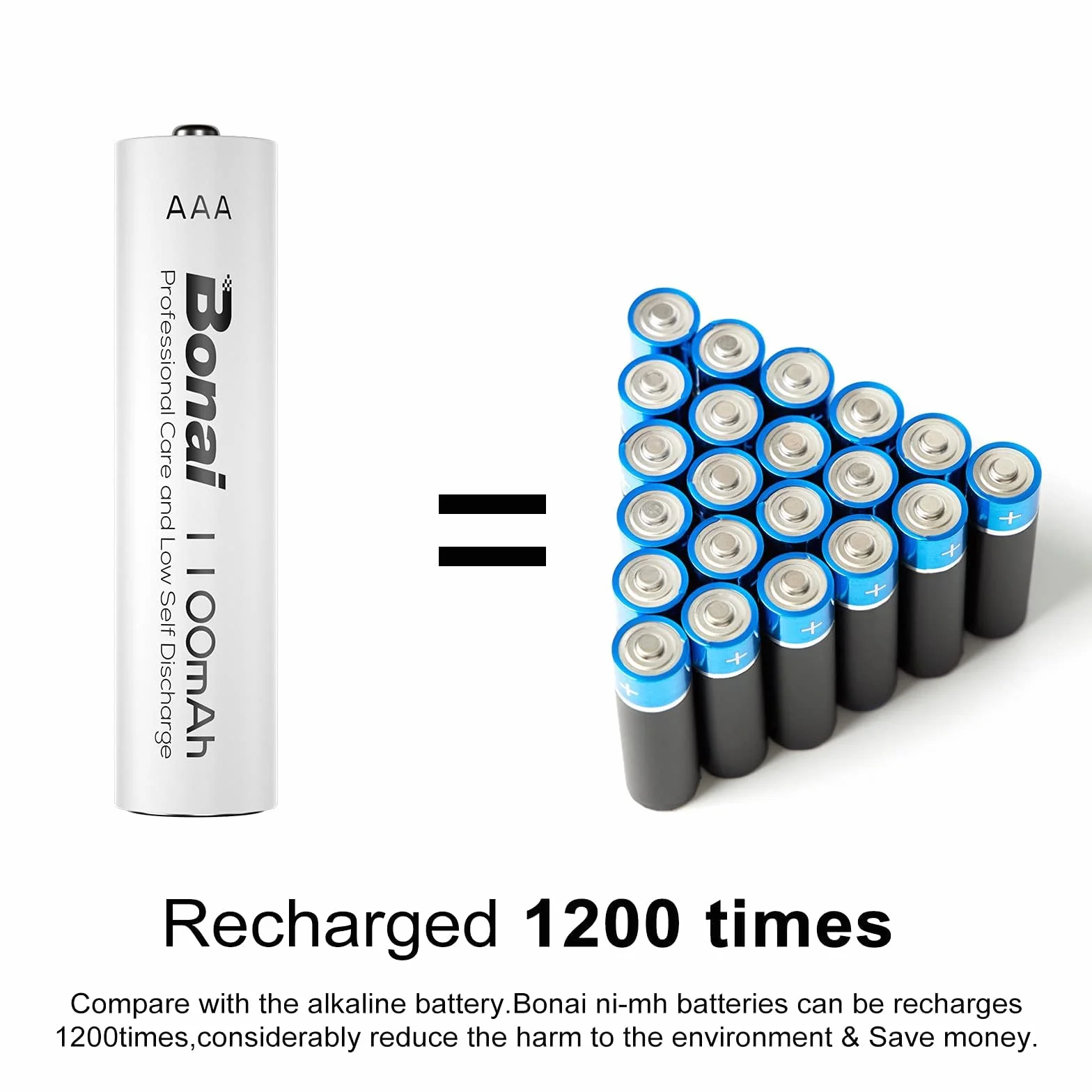 BONAI AAA Akumulator, 1100 mAh 1200 Cykli AAA Bateria Niskie Samorozładowanie o dużej pojemności Ni-MH Akumulatorki AAA, 8 Paczki